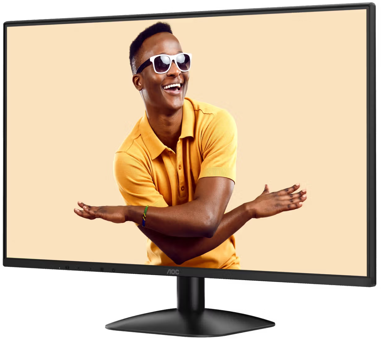Egy napszemüveges és sárga inges férfi táncol egy fekete AOC monitor képernyőjén.