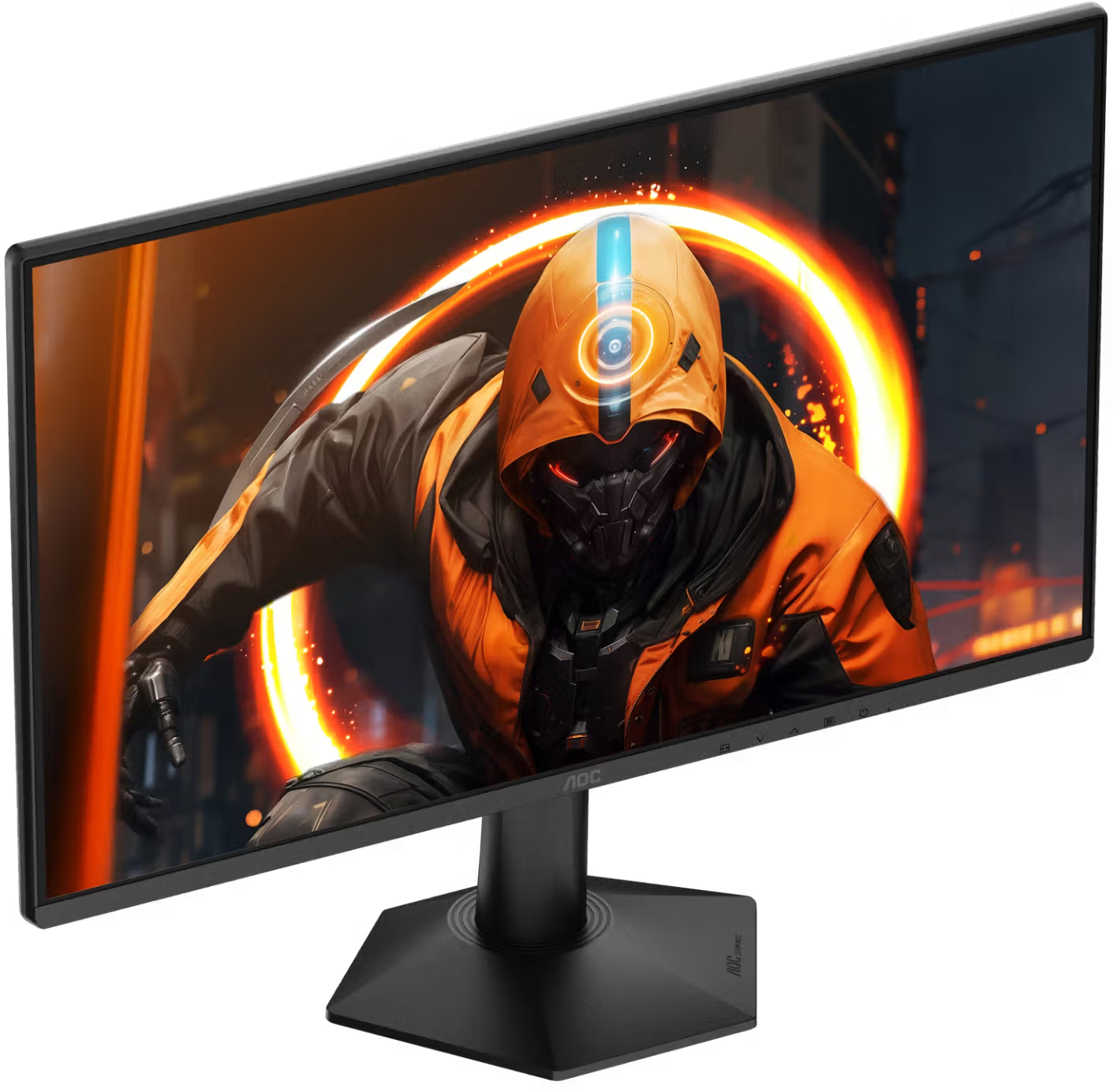 Egy fekete AOC monitor egy narancssárga kapucnis sci-fi karaktert mutat tüzes háttér előtt.
