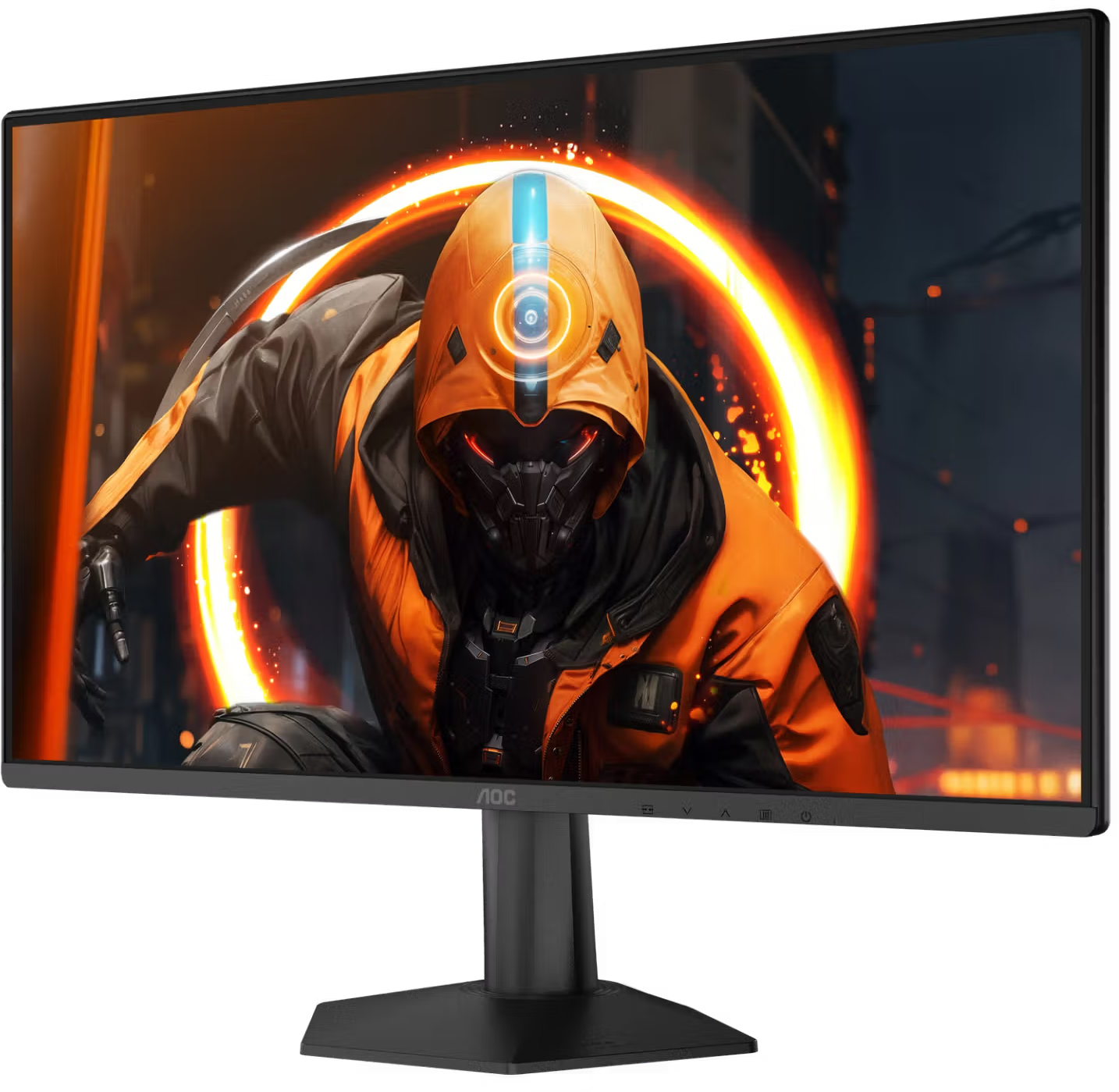 Egy fekete AOC monitor egy narancssárga ruhás sci-fi karaktert mutat egy izzó kör előtt.