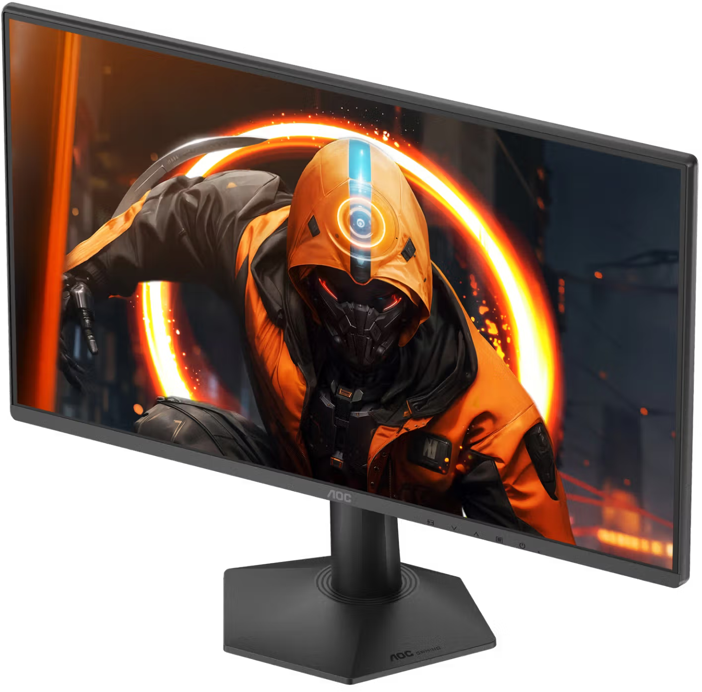 Egy fekete AOC gamer monitor egy narancssárga kapucnis karaktert mutat izzó háttér előtt.