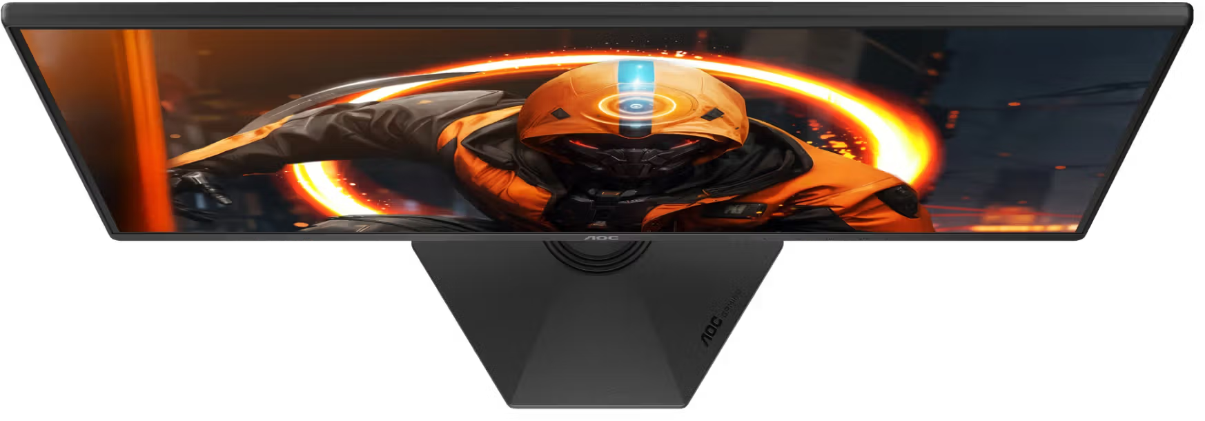 Egy fekete AOC gamer monitor egy narancssárga páncélos karaktert mutat, háttérben izzó kör alakú gyűrűvel.