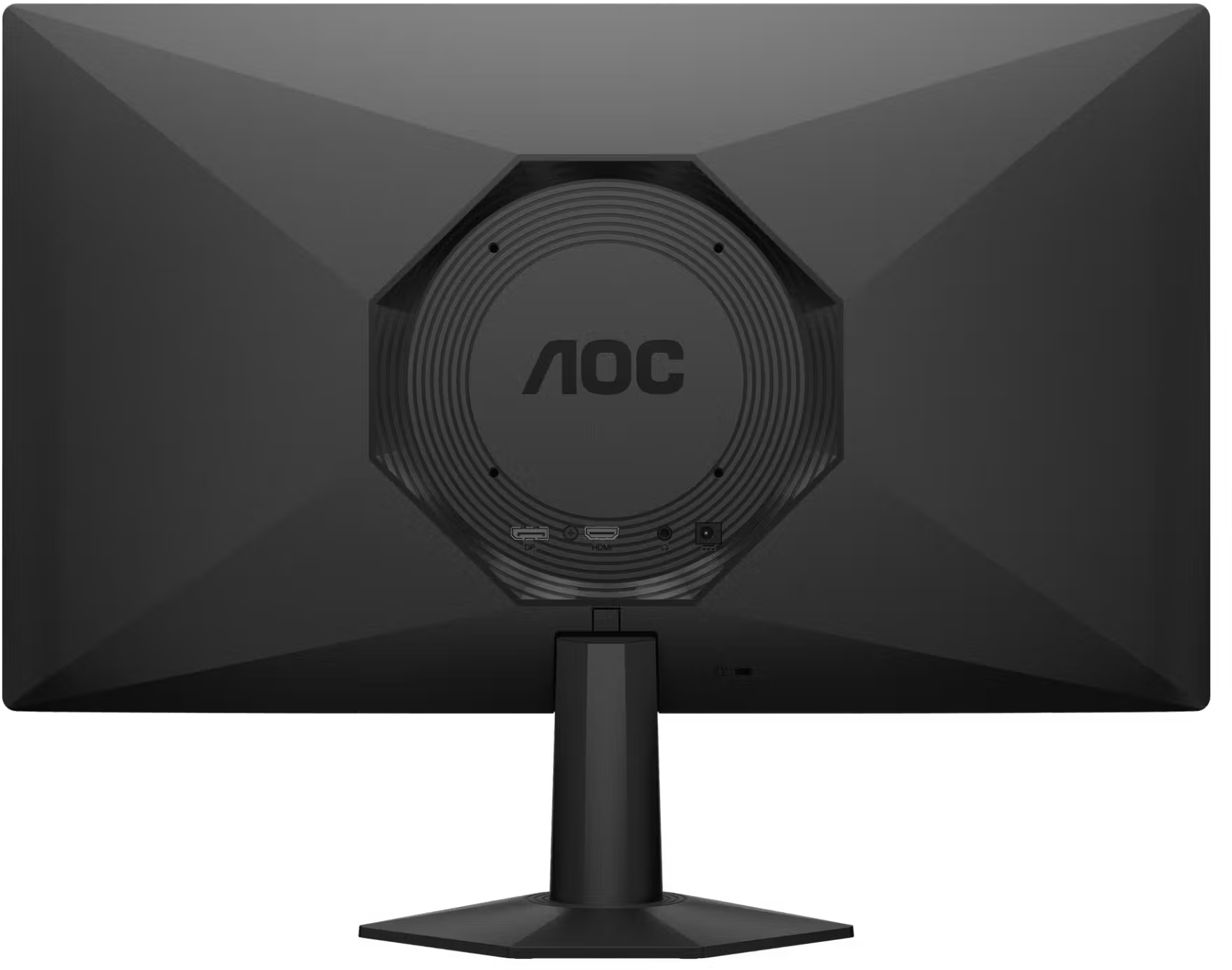 Fekete AOC monitor hátulnézete kör alakú állvánnyal és látható portokkal.