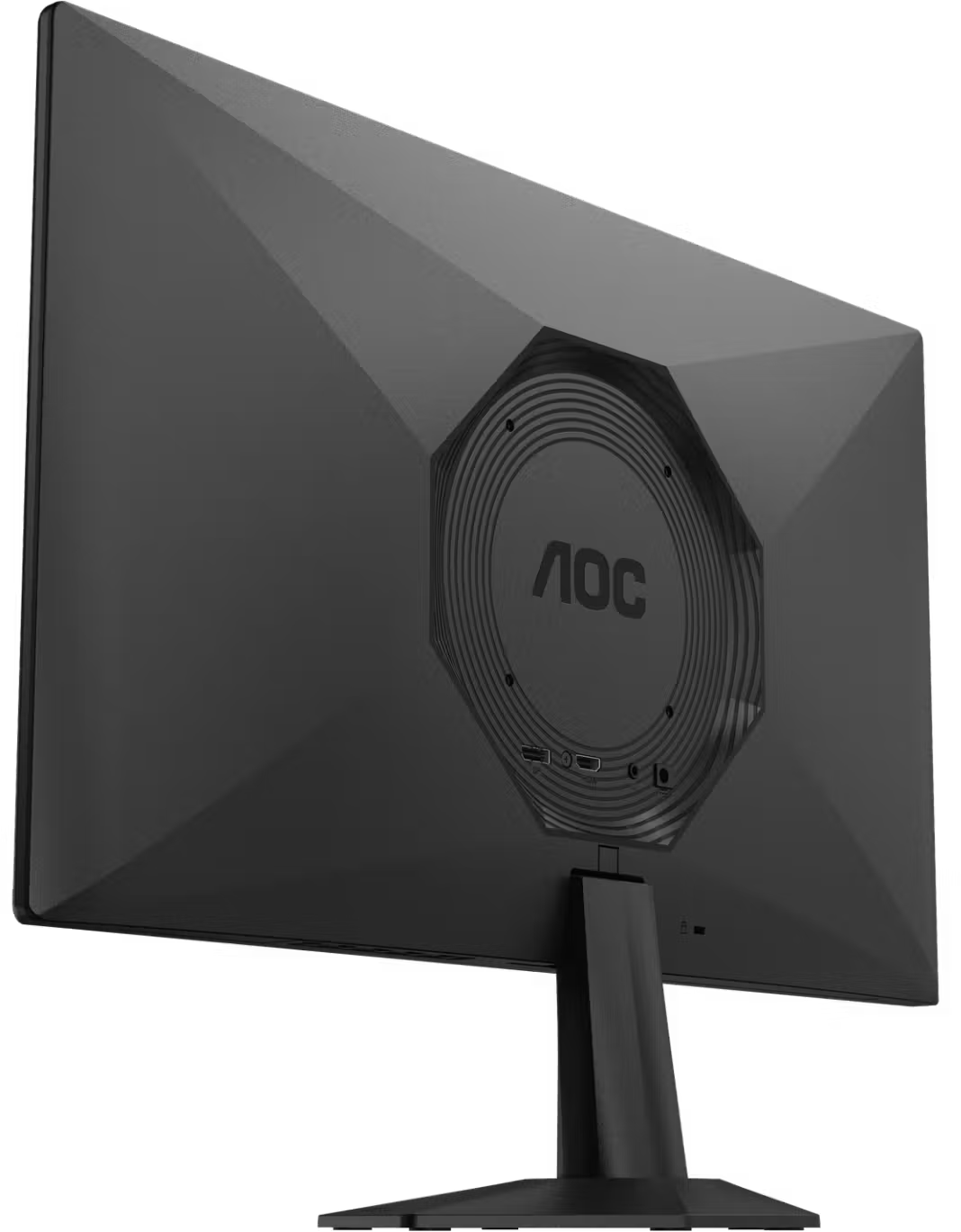 Egy fekete AOC monitor hátoldala geometrikus mintával és állvánnyal, egyszínű fekete háttér előtt.