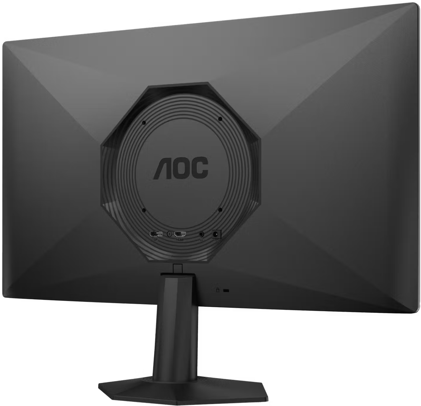 Fekete AOC monitor hátulnézete kör alakú állvánnyal, fekete háttér előtt.