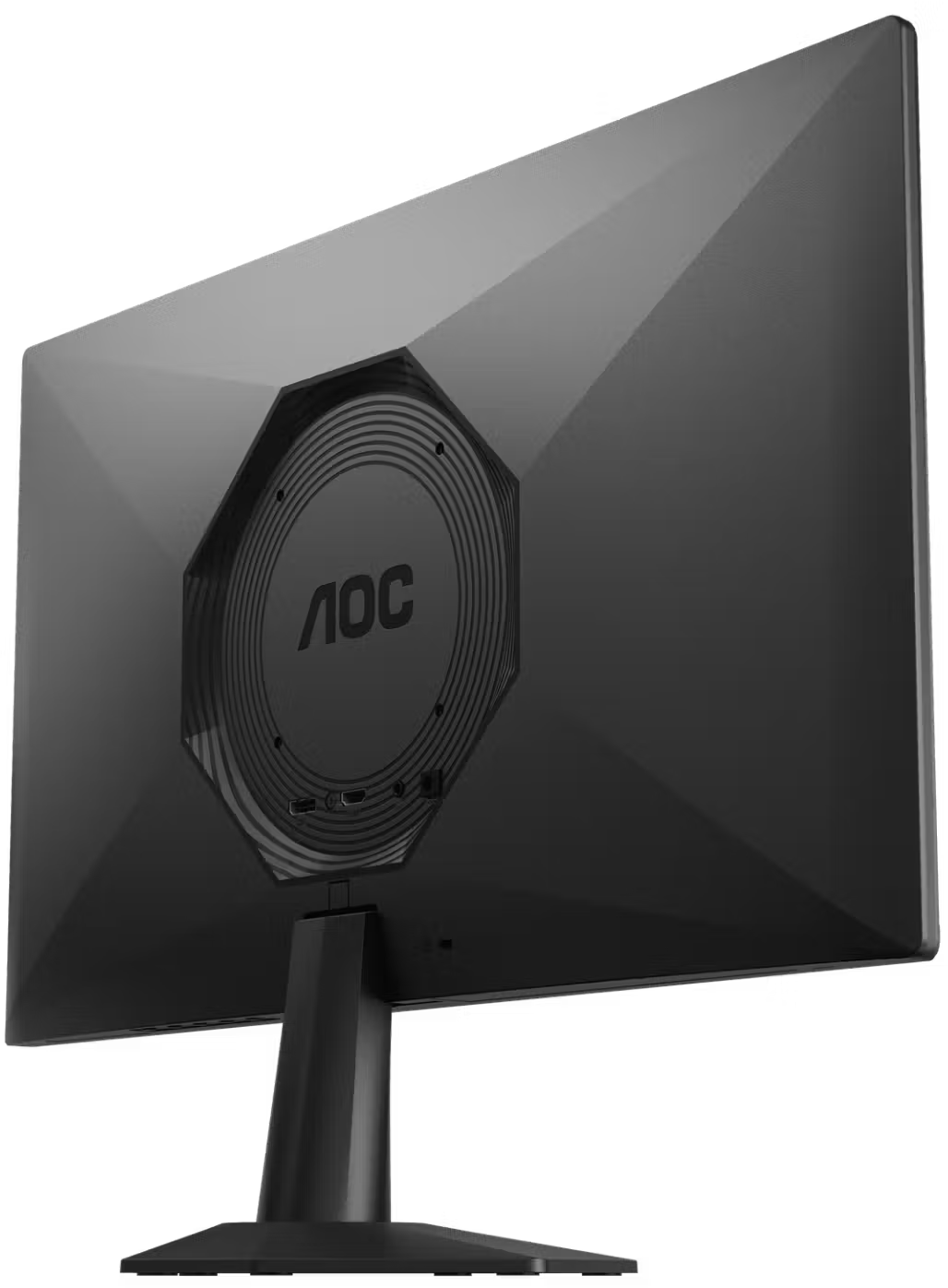 Fekete színű AOC monitor hátulja háromszög alakú talppal és központi AOC logóval.