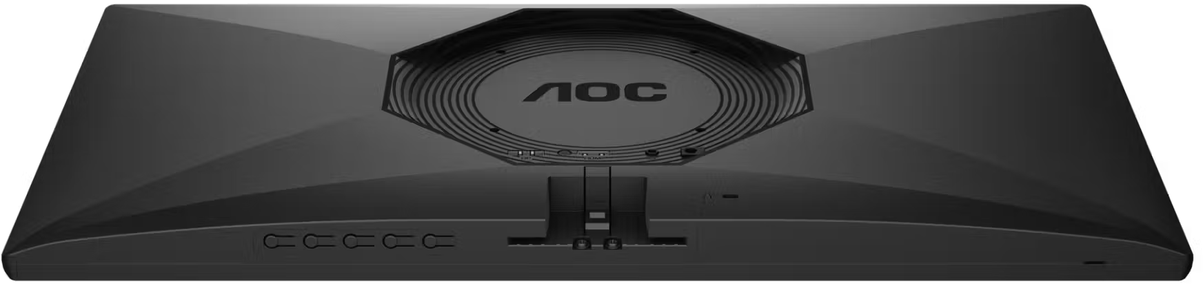 Egy fekete AOC monitor hátulja VESA rögzítéssel, portokkal és vezérlőgombokkal.