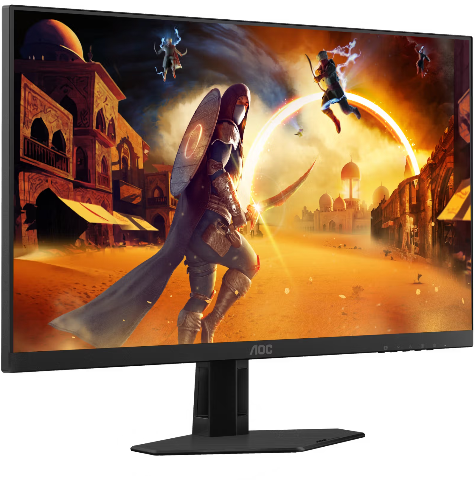 Egy fekete AOC monitor egy harcost és egy sivatagi várost ábrázoló fantasy jelenetet mutat naplementében.