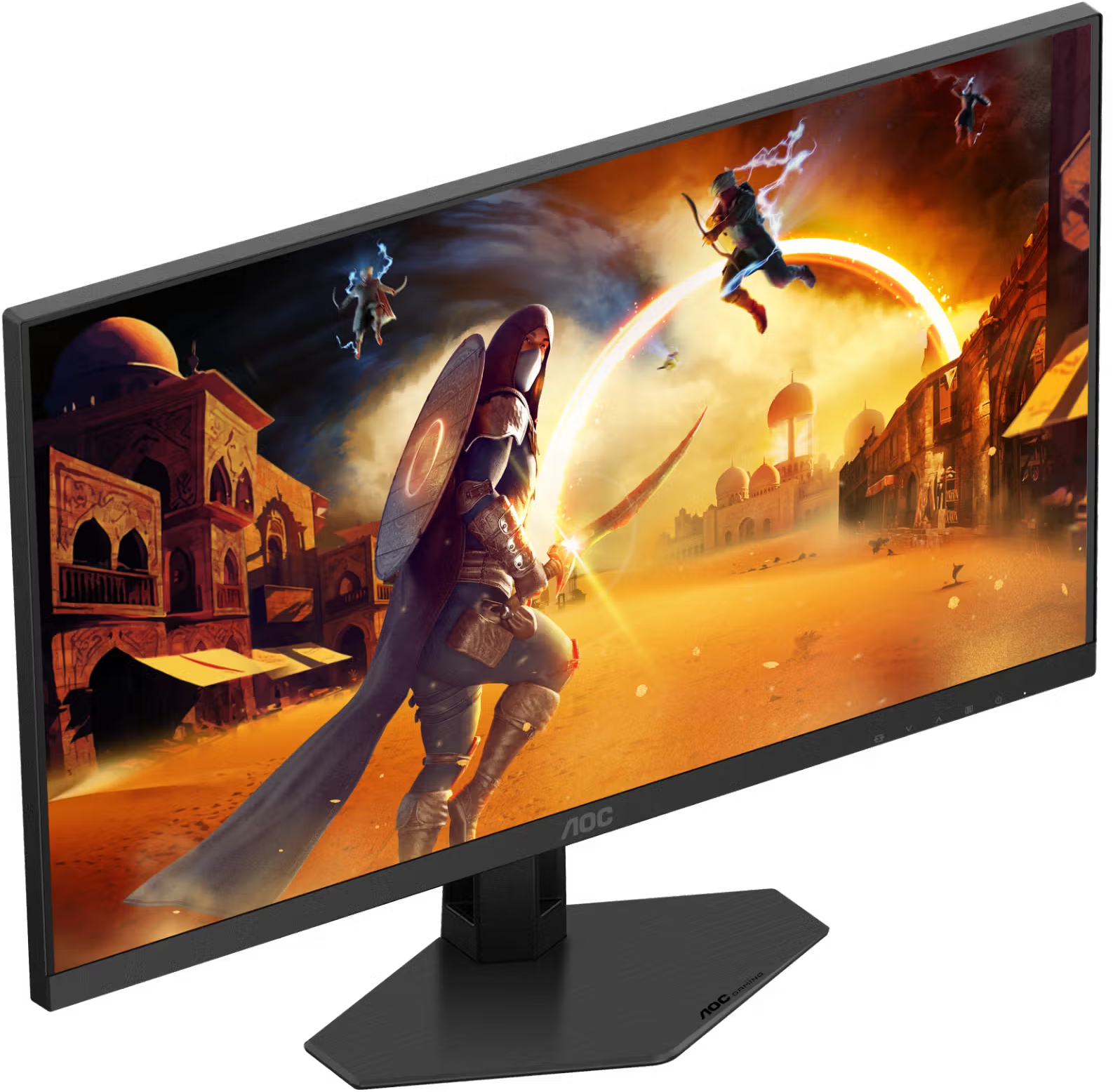 Egy ívelt AOC gaming monitor sivatagi fantasy jelenetet mutat harcosokkal és fényhatásokkal.