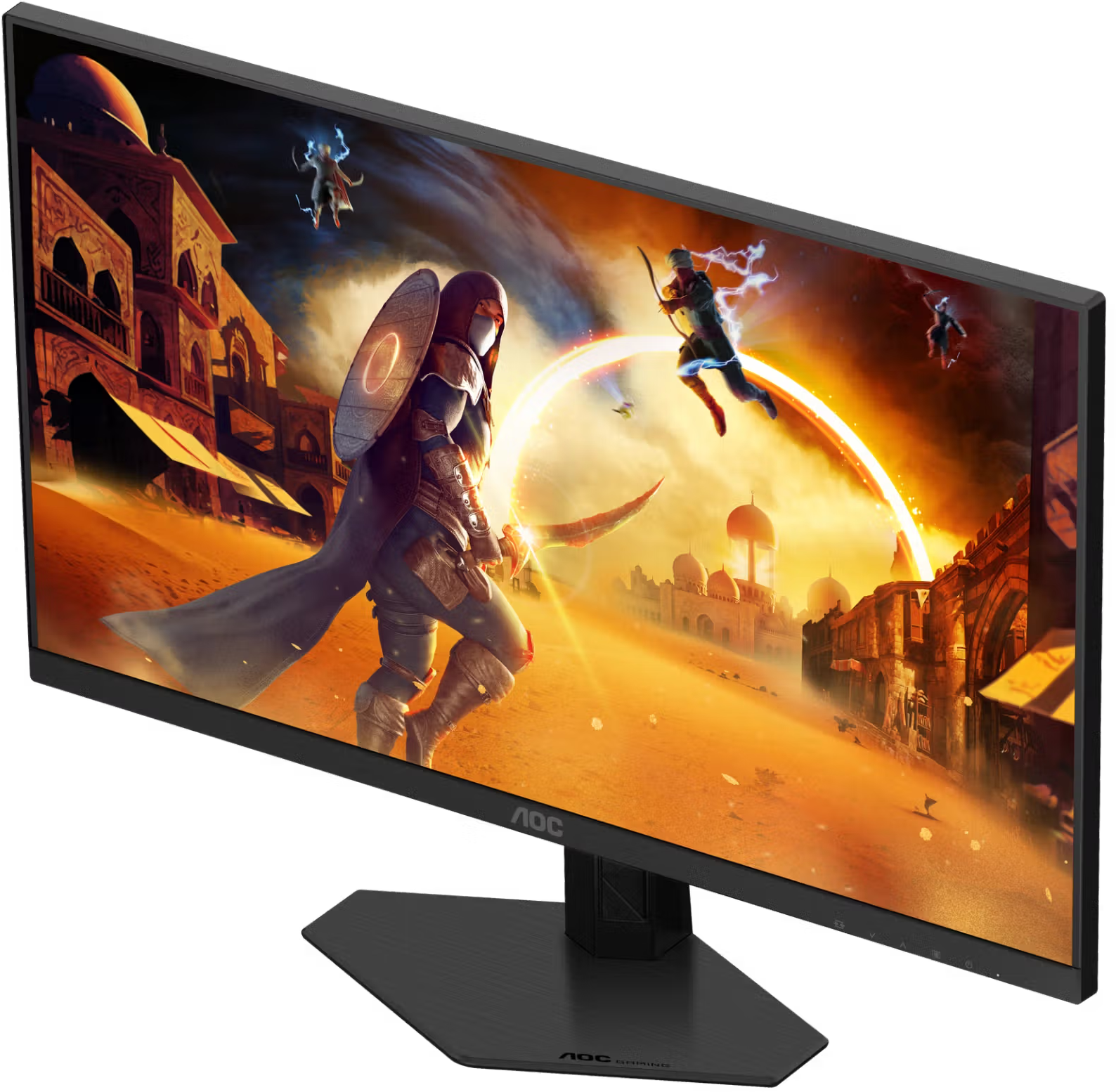 Egy fekete AOC gamer monitor egy sivatagos videojáték-jelenetet mutat karakterekkel és épületekkel.