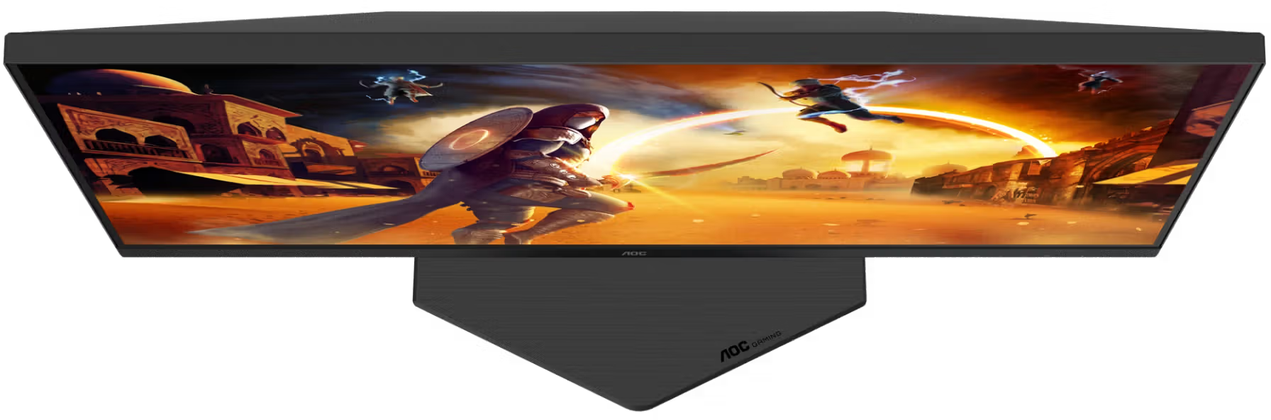 Egy széles gamer monitor egy fantasy sivatagi jelenetet mutat harcoló karakterekkel.