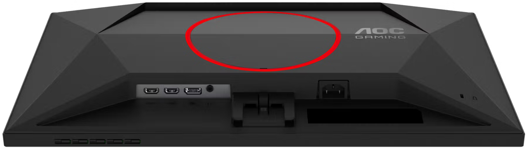 Egy fekete AOC gamer monitor hátulja portokkal és egy piros körrel.