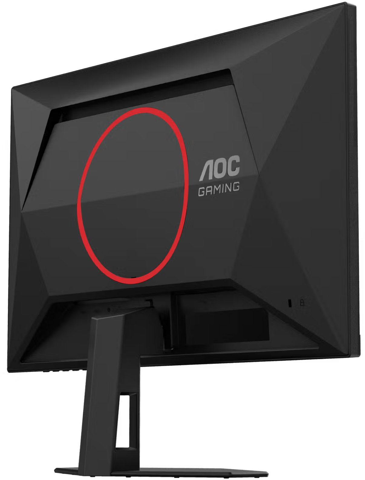 Egy fekete AOC gamer monitor hátulja piros körrel és állvánnyal fekete háttér előtt.