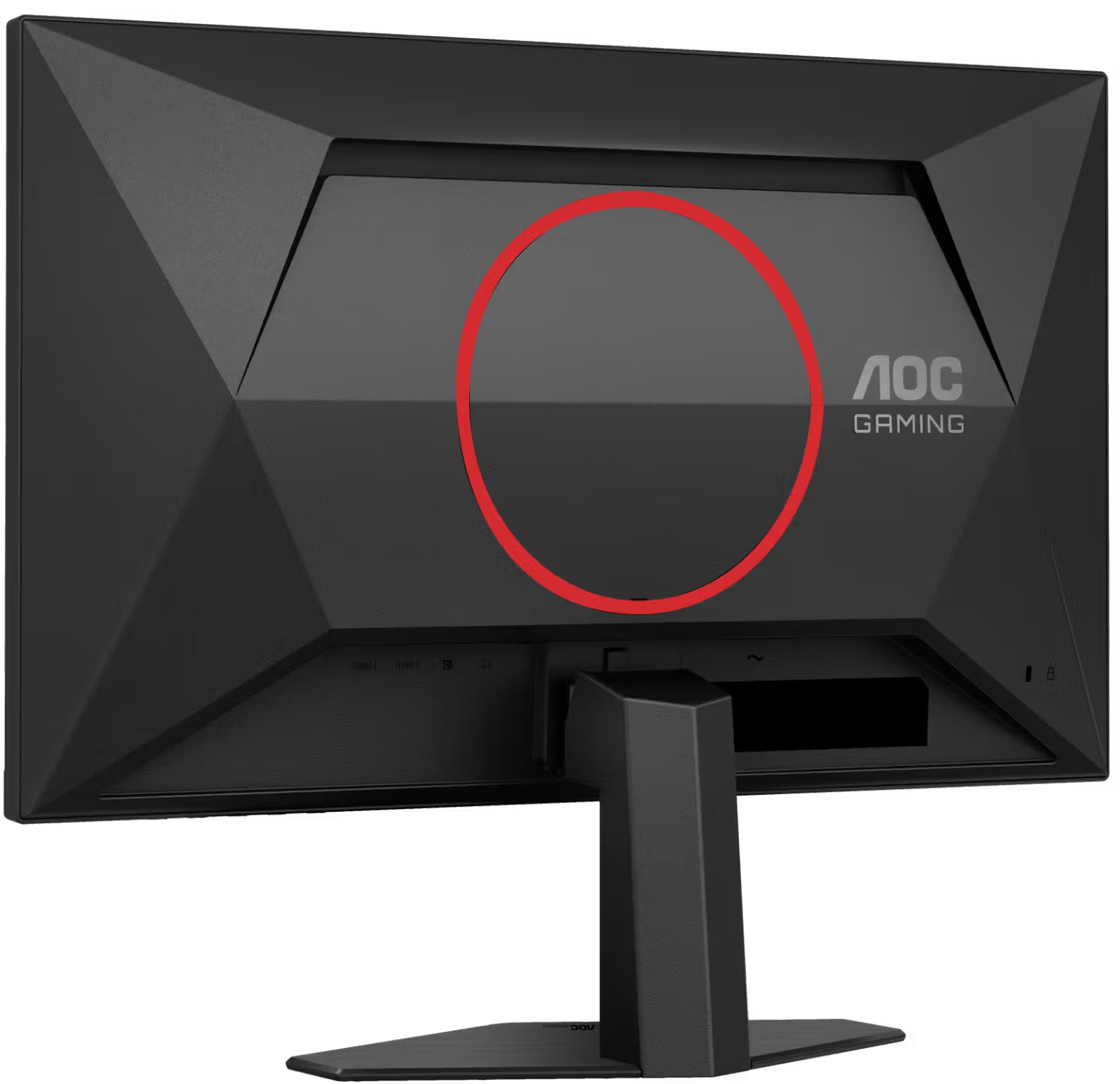 Egy fekete AOC gamer monitor hátulja piros kördizájnnal és márka logóval.