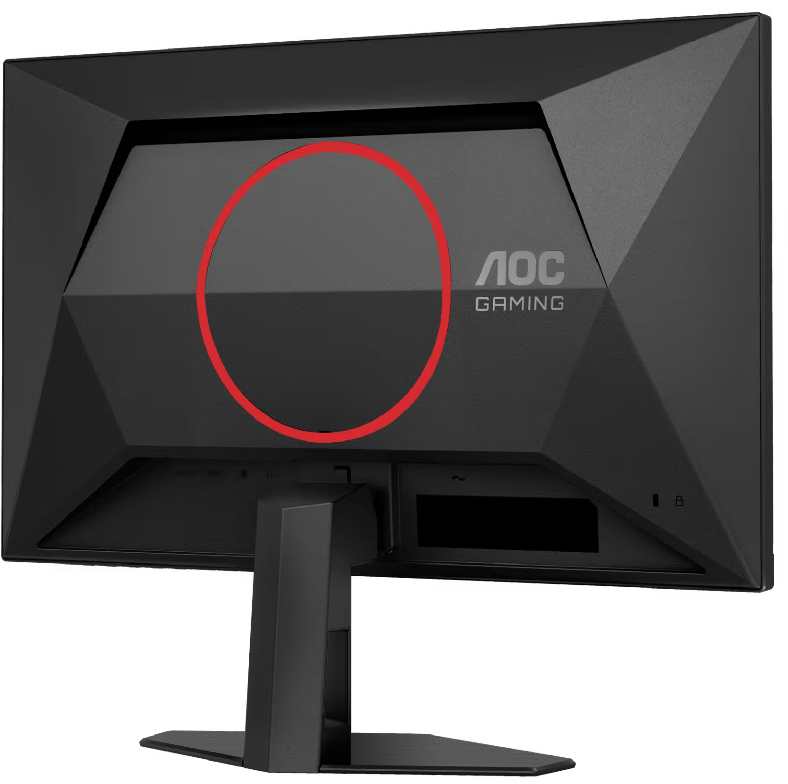 Egy fekete AOC Gaming monitor hátulja piros körrel és AOC logóval.