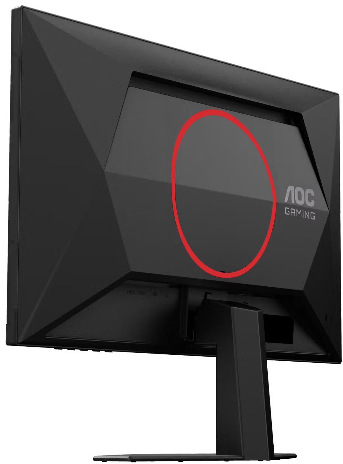 Fekete AOC gamer monitor hátulja piros kördizájnnal és logóval egy állványon.