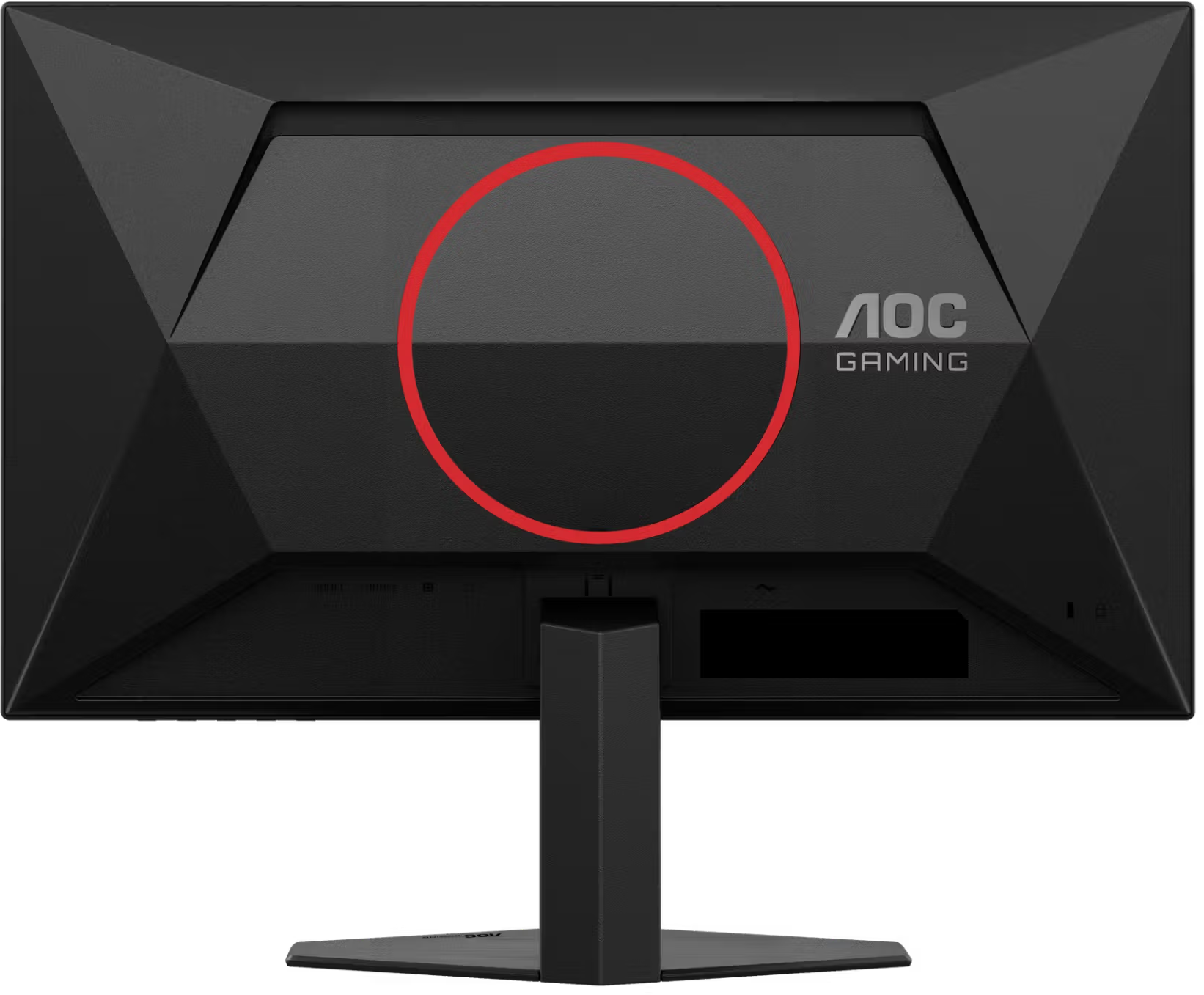 Egy fekete AOC gamer monitor hátulja, középen piros körrel és oldalt a márkajelzéssel.