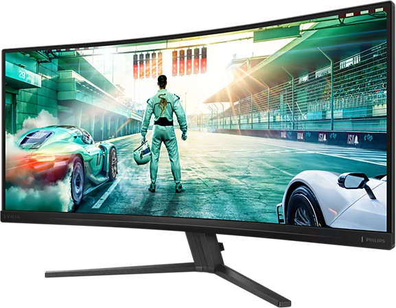Egy ívelt Philips monitor autós versenyzős játékot mutat autókkal, pályával és versenyzővel.