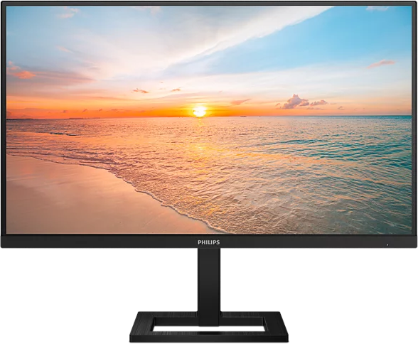 Egy fekete Philips monitor egy tengerparti naplemente élénk képét jeleníti meg.