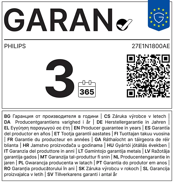 Címke Philips 3 éves garanciával, 27E1N1800AE modell, QR-kód és többnyelvű szöveg.