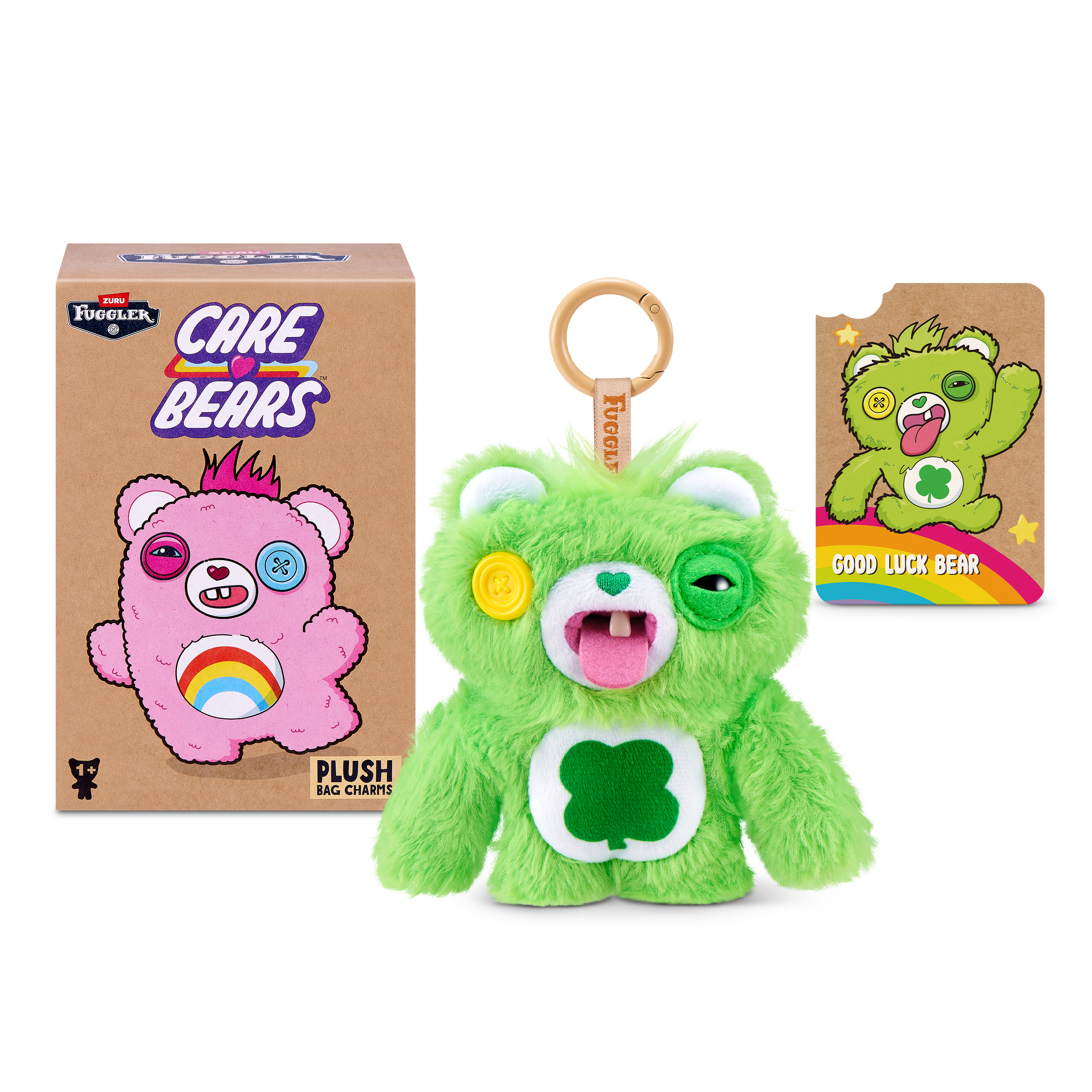 Llavero de peluche Fuggler Care Bears Good Luck Bear verde con embalaje y tarjeta.
