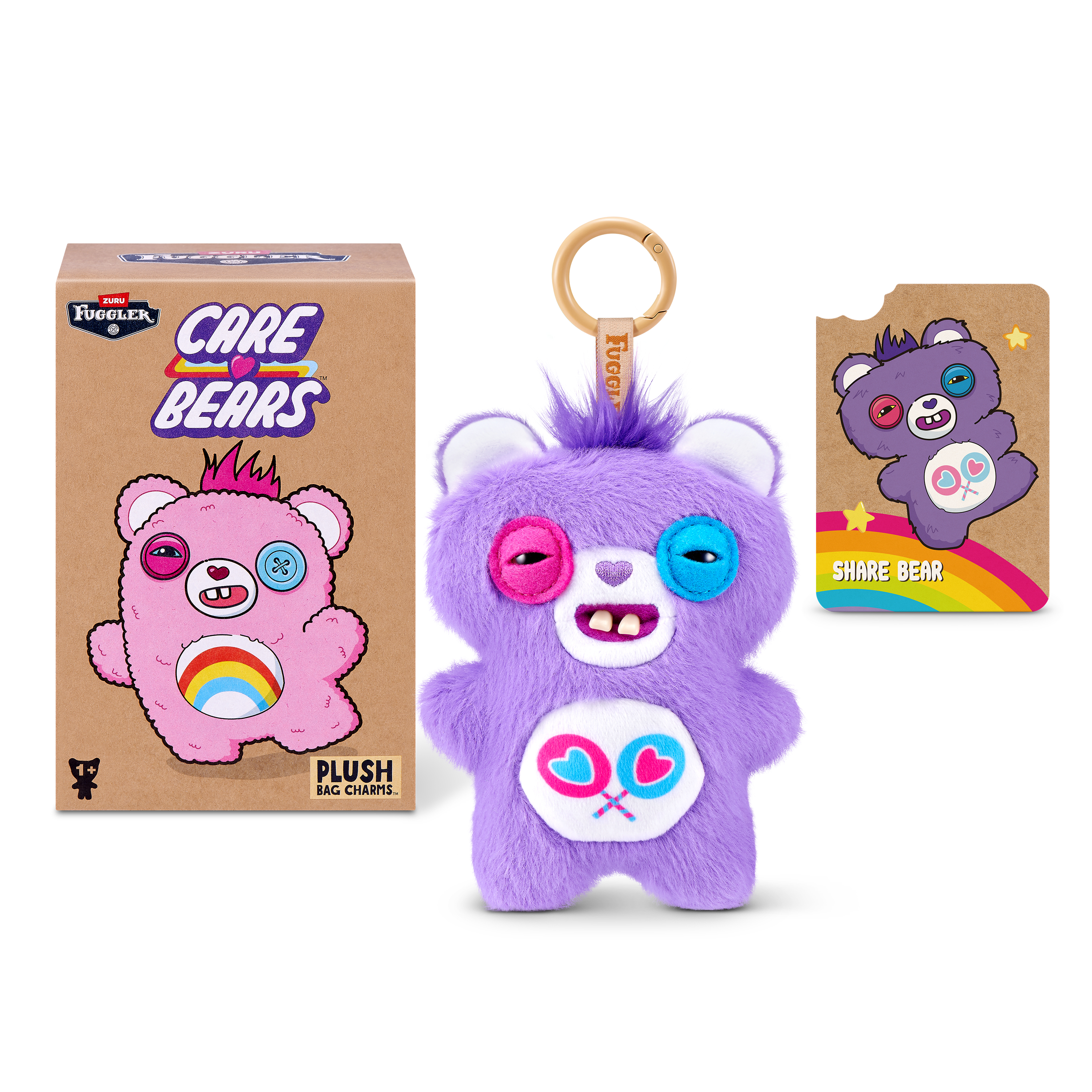 Llavero de felpa Fuggler Care Bears morado con caja y tarjeta coleccionable.