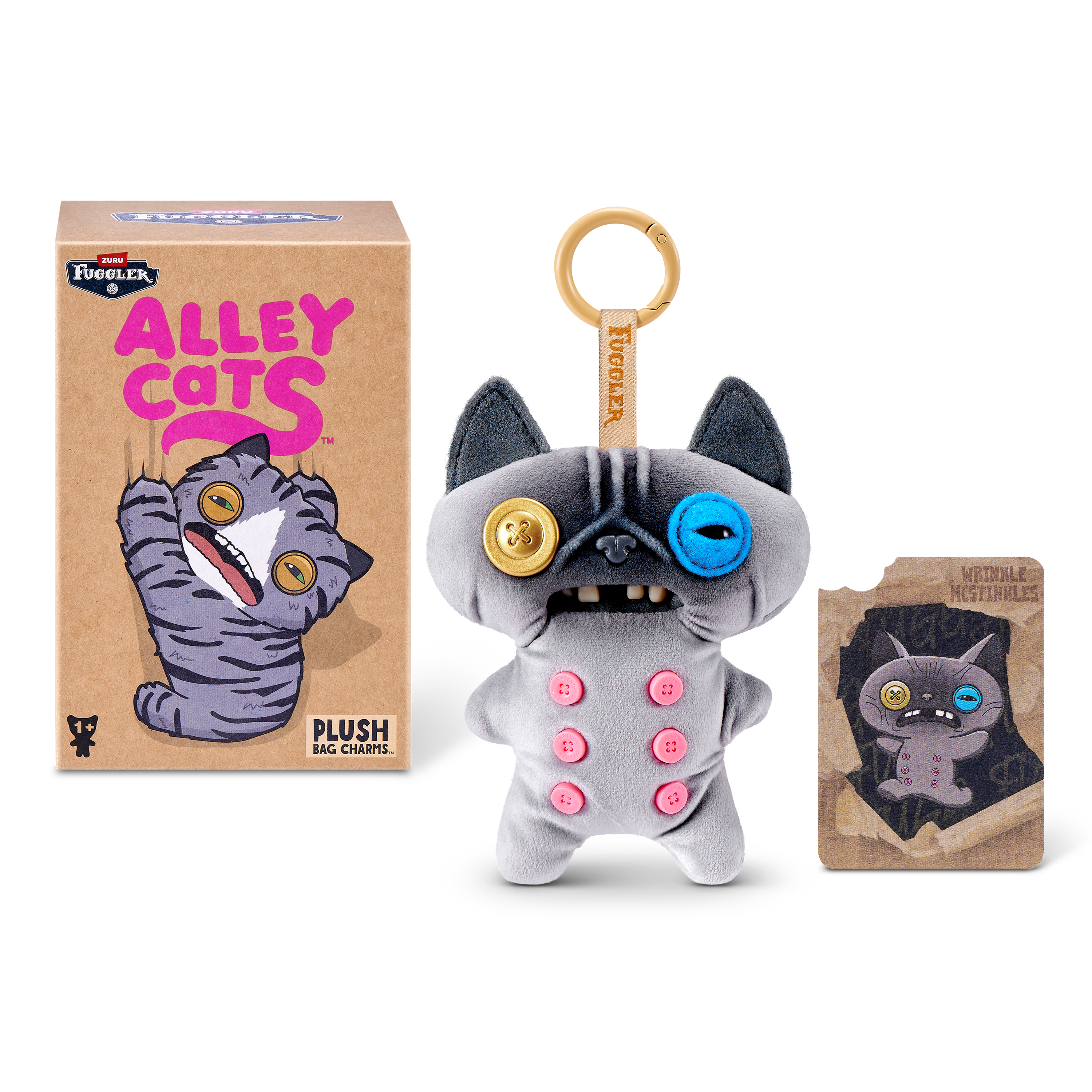 Llavero de peluche gris Fuggler Alley Cats con botones, caja y tarjeta coleccionable.