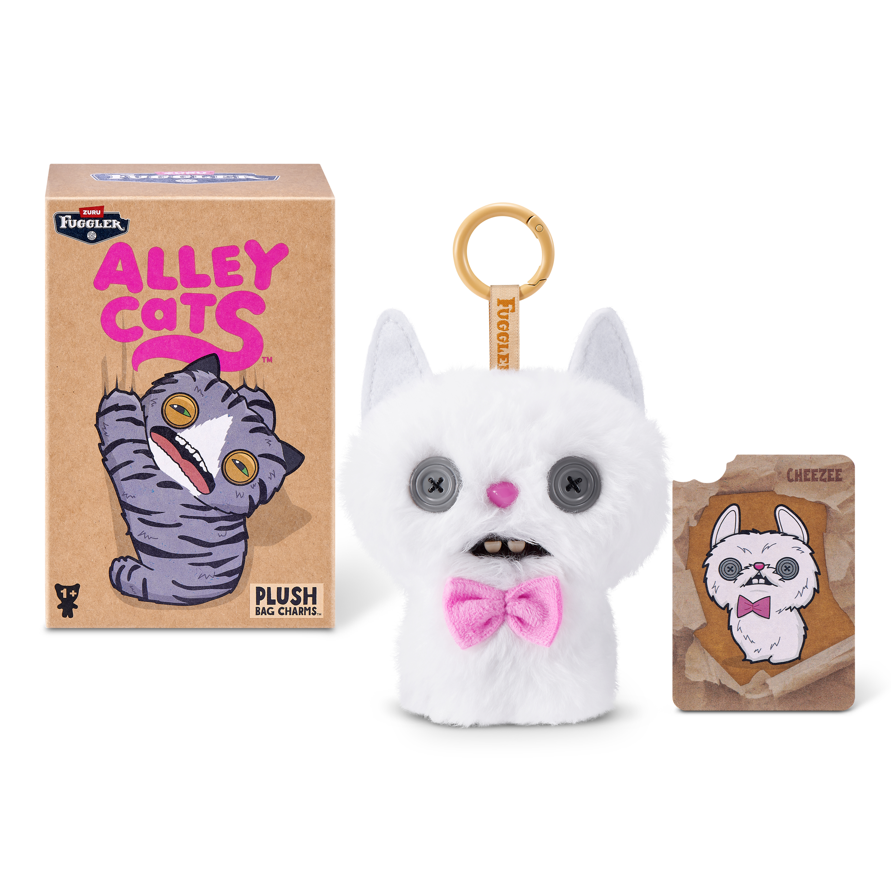 Llavero de peluche blanco de gato con ojos de botón, lazo rosa, caja y tarjeta llamada Cheezee.