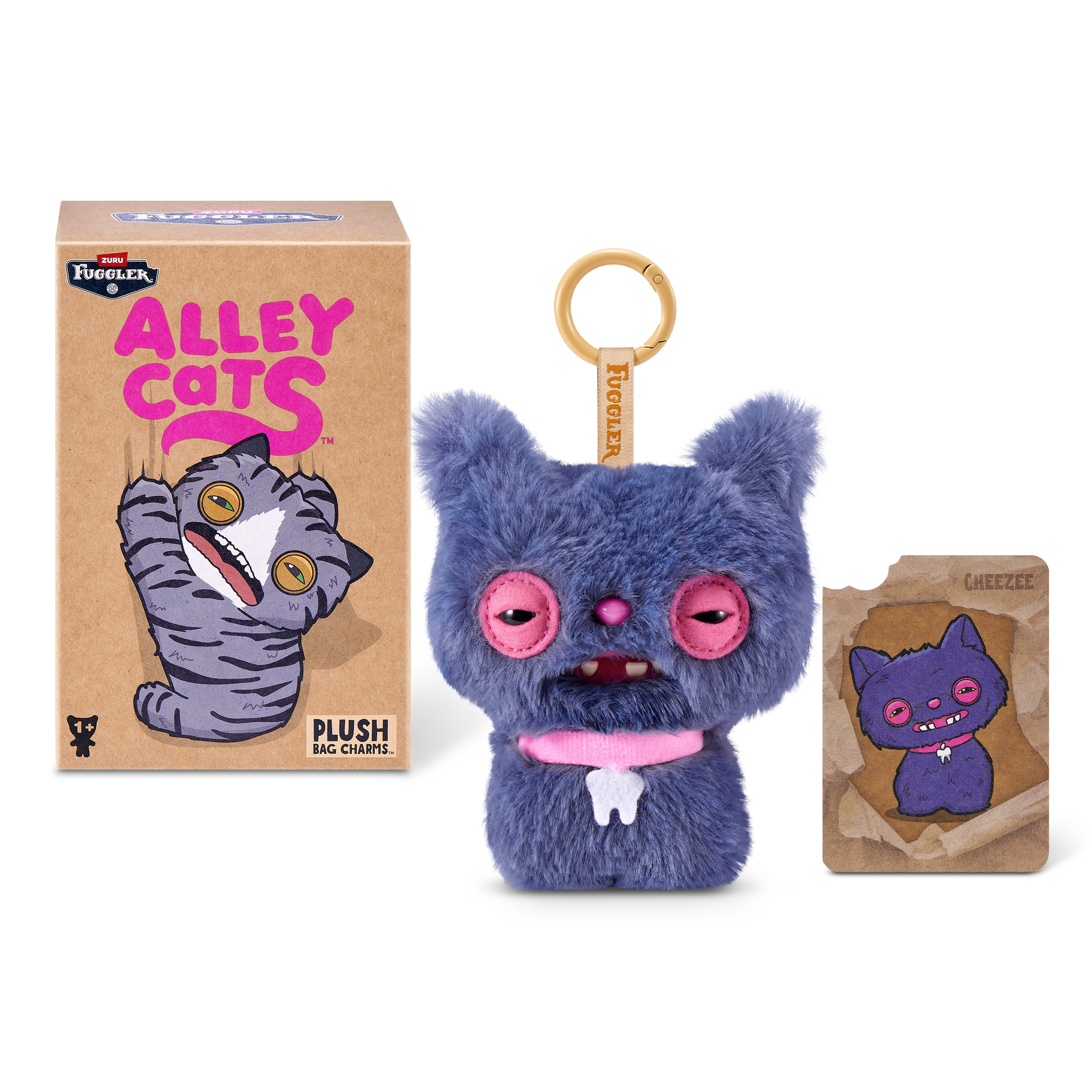 Un llavero de peluche Fuggler azul llamado "Cheezee" con anillos rosados en los ojos, un collar y su caja y tarjeta a juego.