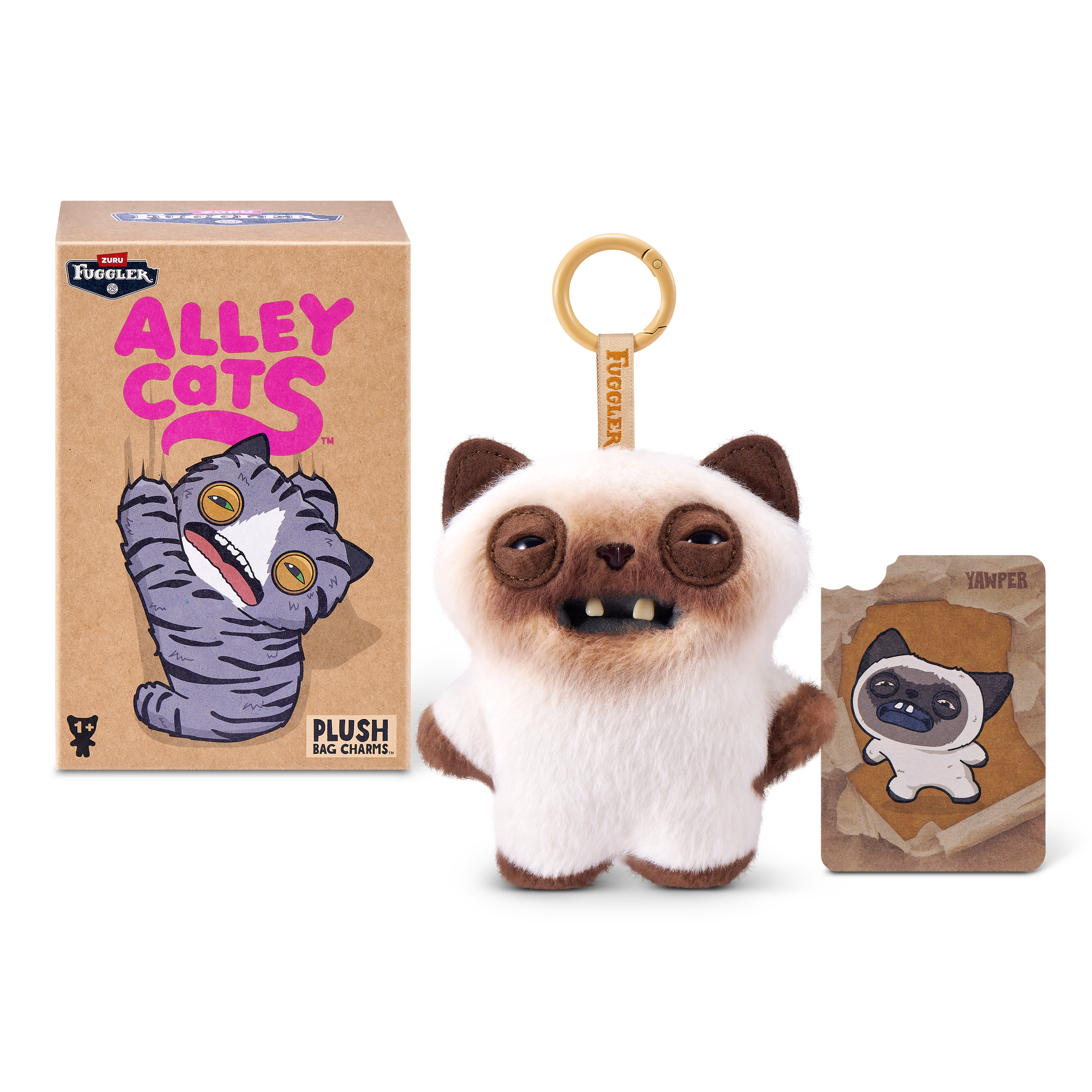 Un peluche llavero Fuggler Alley Cats con su caja y tarjeta.