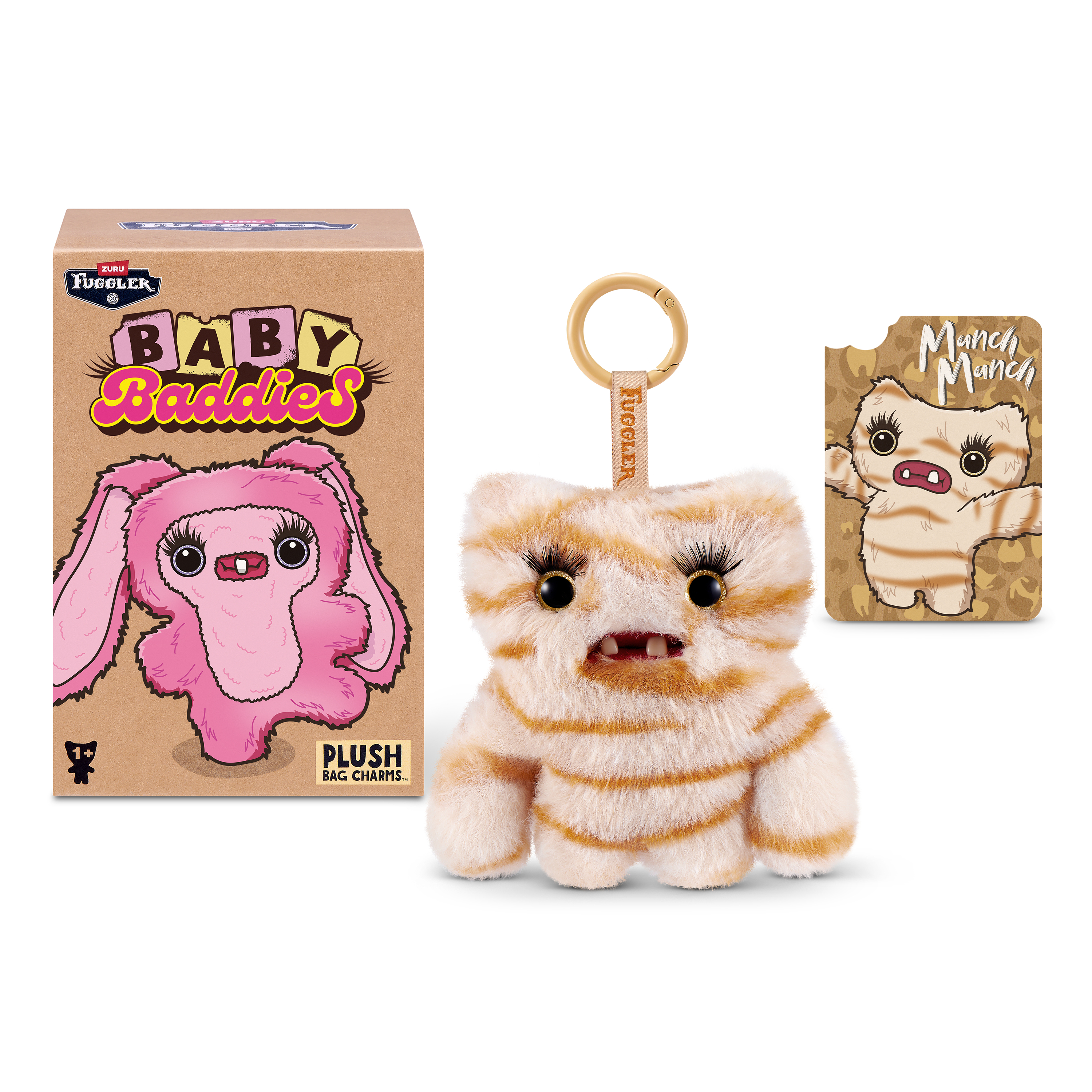 Un peluche Fuggler a rayas amarillas y blancas como llavero, junto a su empaque y una tarjeta.
