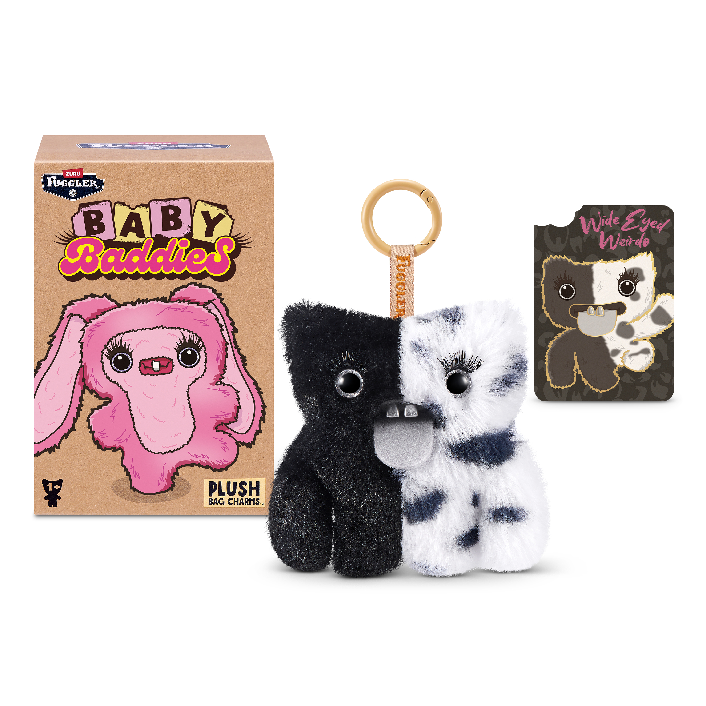 Colgante de peluche blanco y negro Fugglers Baby Baddies con caja y tarjeta sobre fondo blanco.