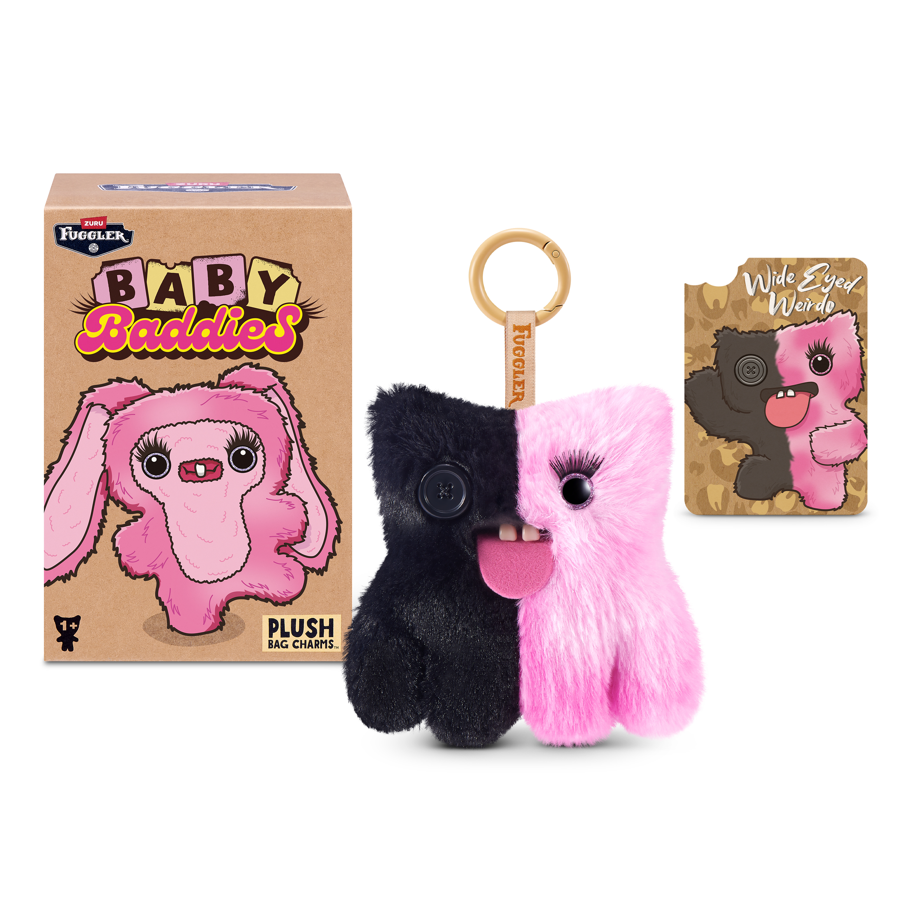 Un llavero de felpa Fuggler negro y rosa con caja y tarjeta.
