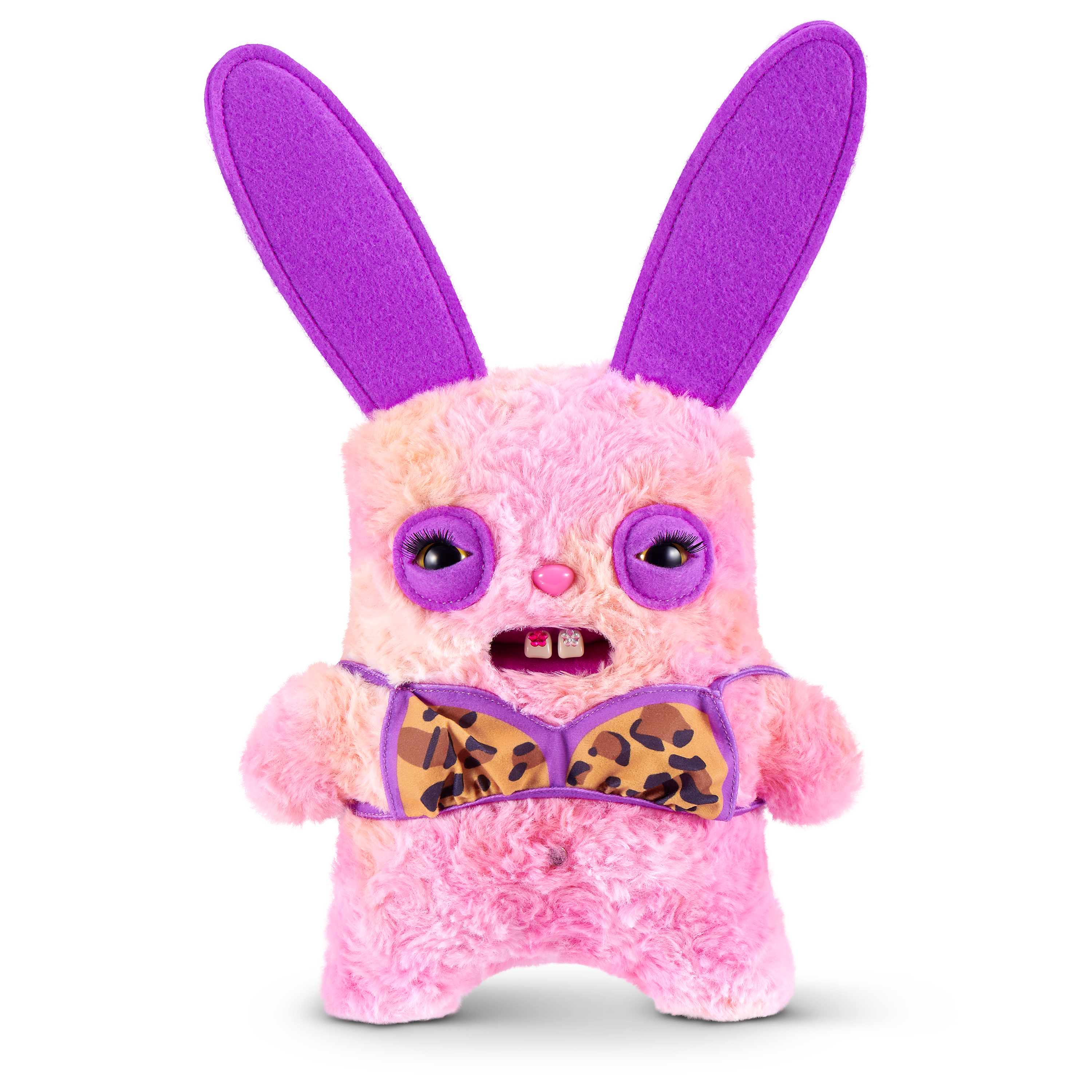 Peluche rosa con orejas moradas largas y pajarita con estampado de leopardo.