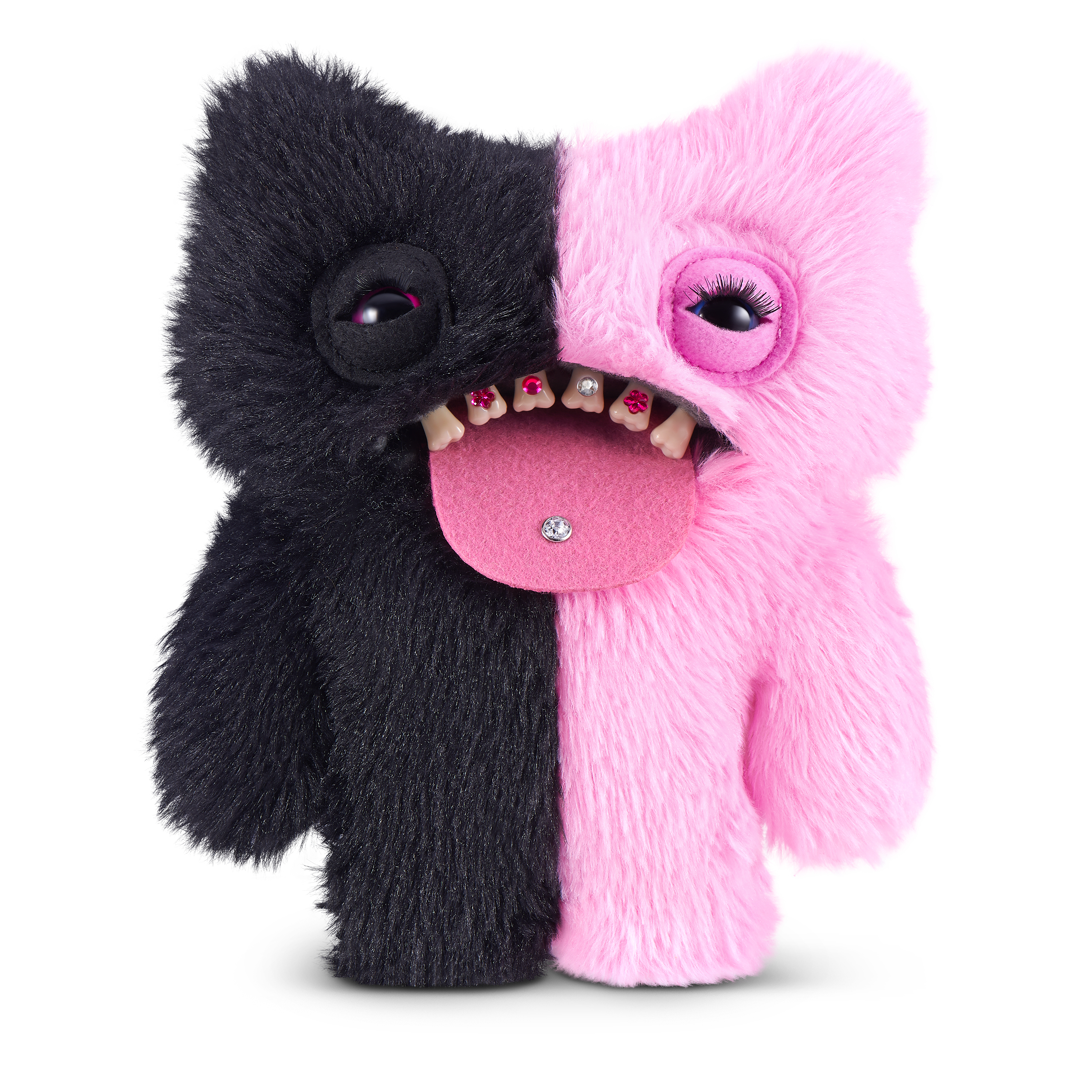 Peluche esponjoso, mitad negro y mitad rosa, con boca ancha, dientes humanos y lengua rosa con un piercing.