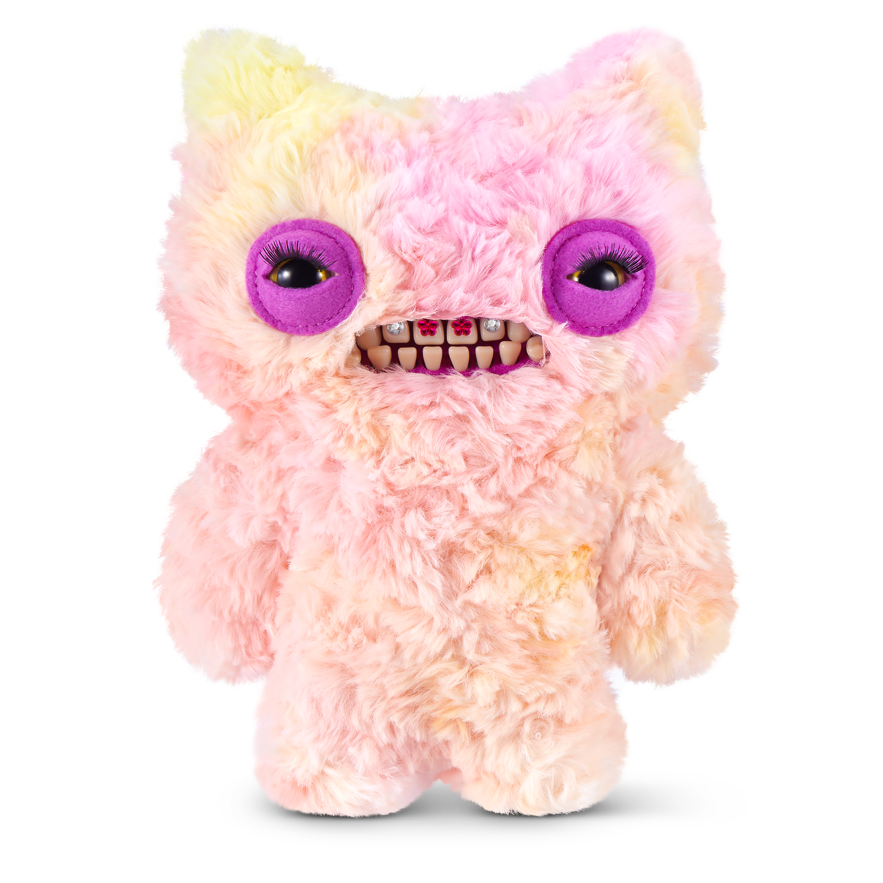 Un peluche rosa y amarillo con ojos grandes, pestañas largas y dientes humanos realistas en una sonrisa.