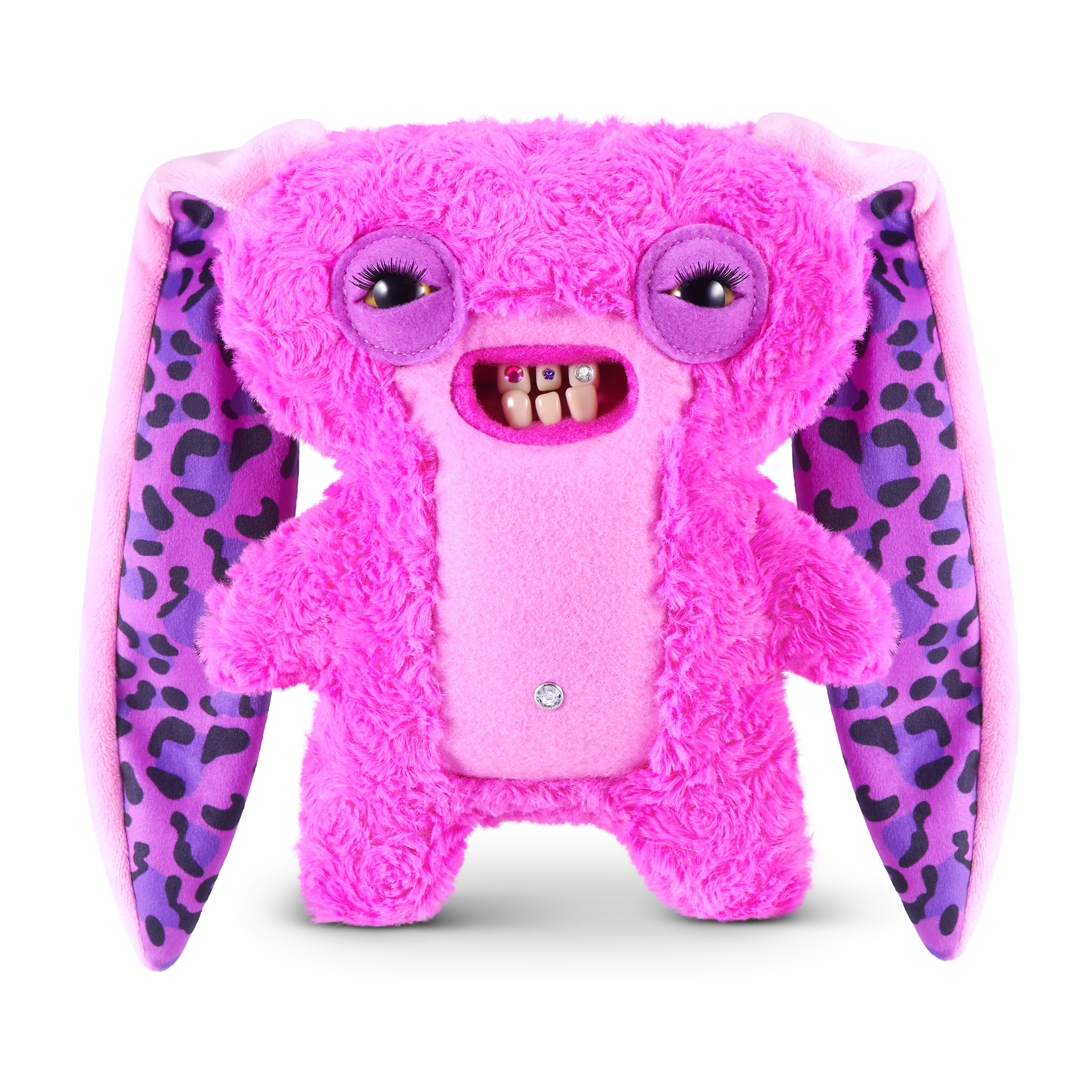 Un monstruo de peluche rosa con orejas grandes, ojos realistas, dientes humanos y patrones de leopardo morados.