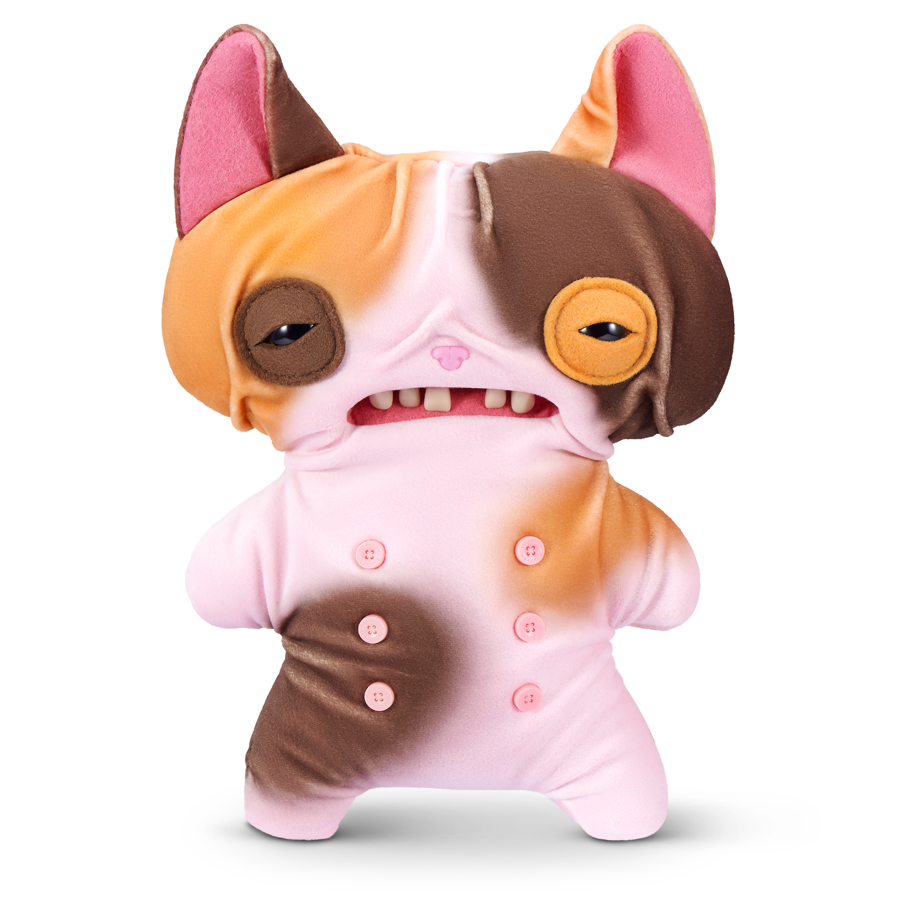 Un peluche peculiar con piel rosa, manchas marrones y naranjas, ojos de botón y dientes prominentes sobre fondo blanco.