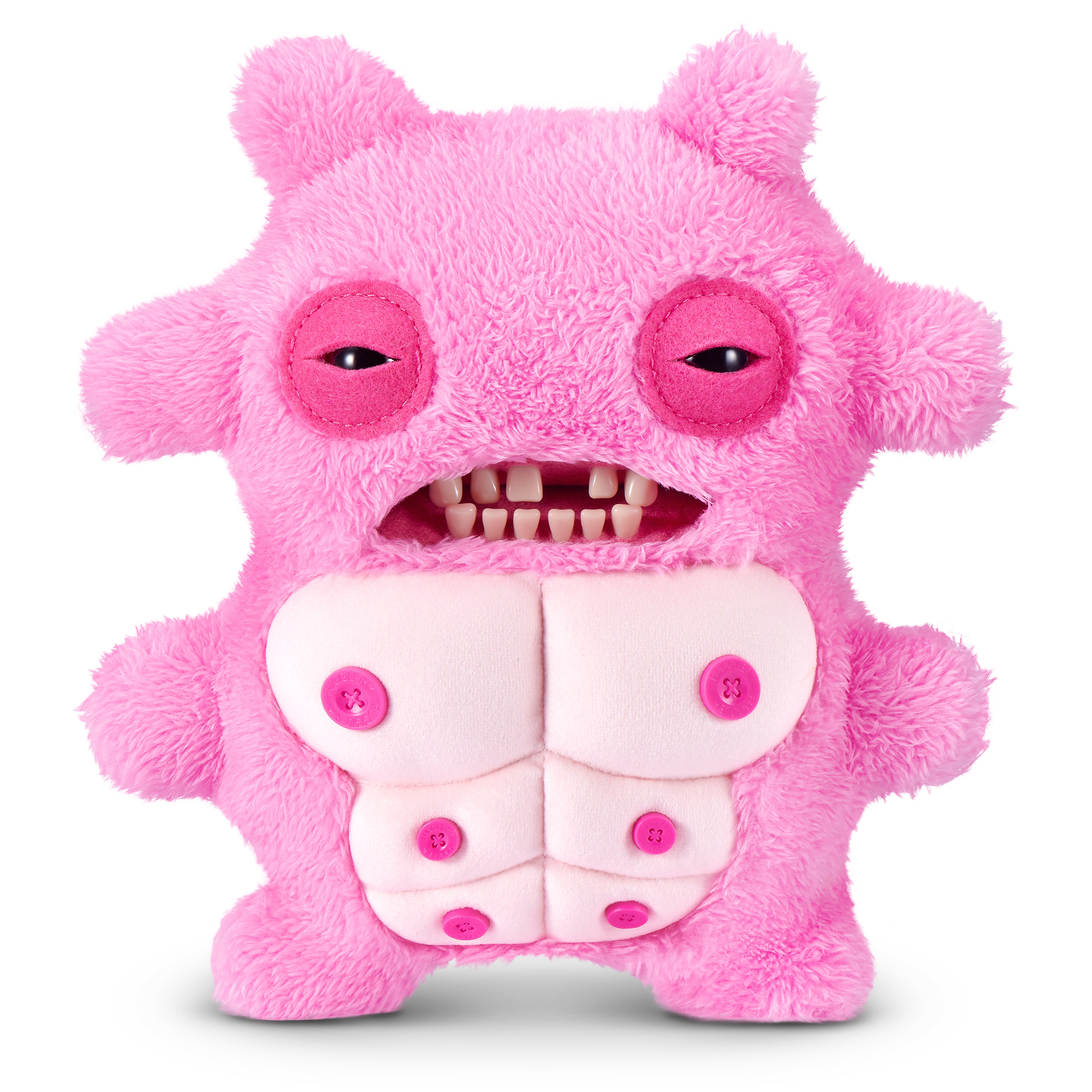 Un peluche rosa esponjoso con dientes humanos y detalles de botones en la barriga.