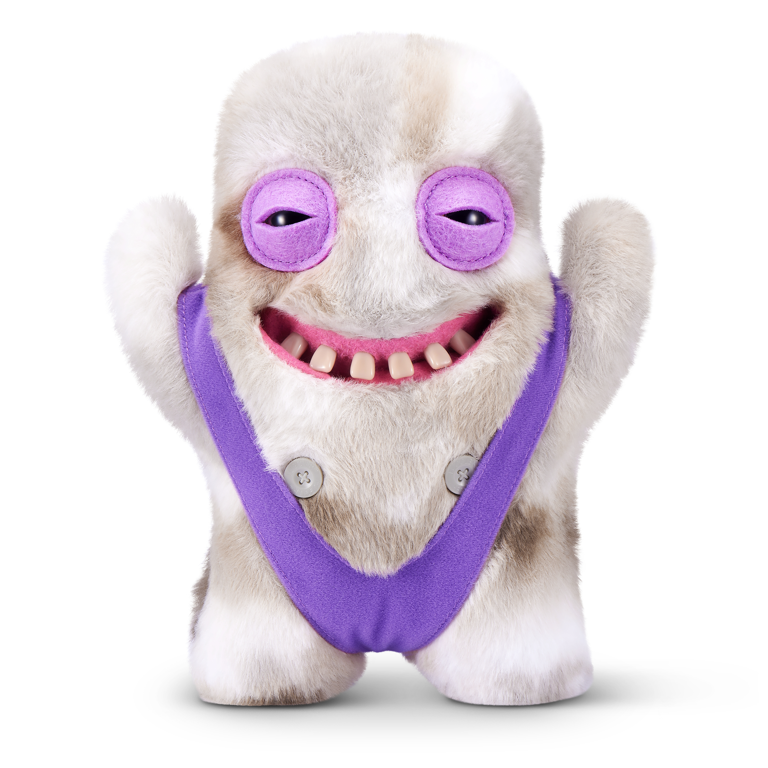 Un monstruo de peluche blanco y peludo con grandes ojos morados, una amplia fila de dientes y peto morado.