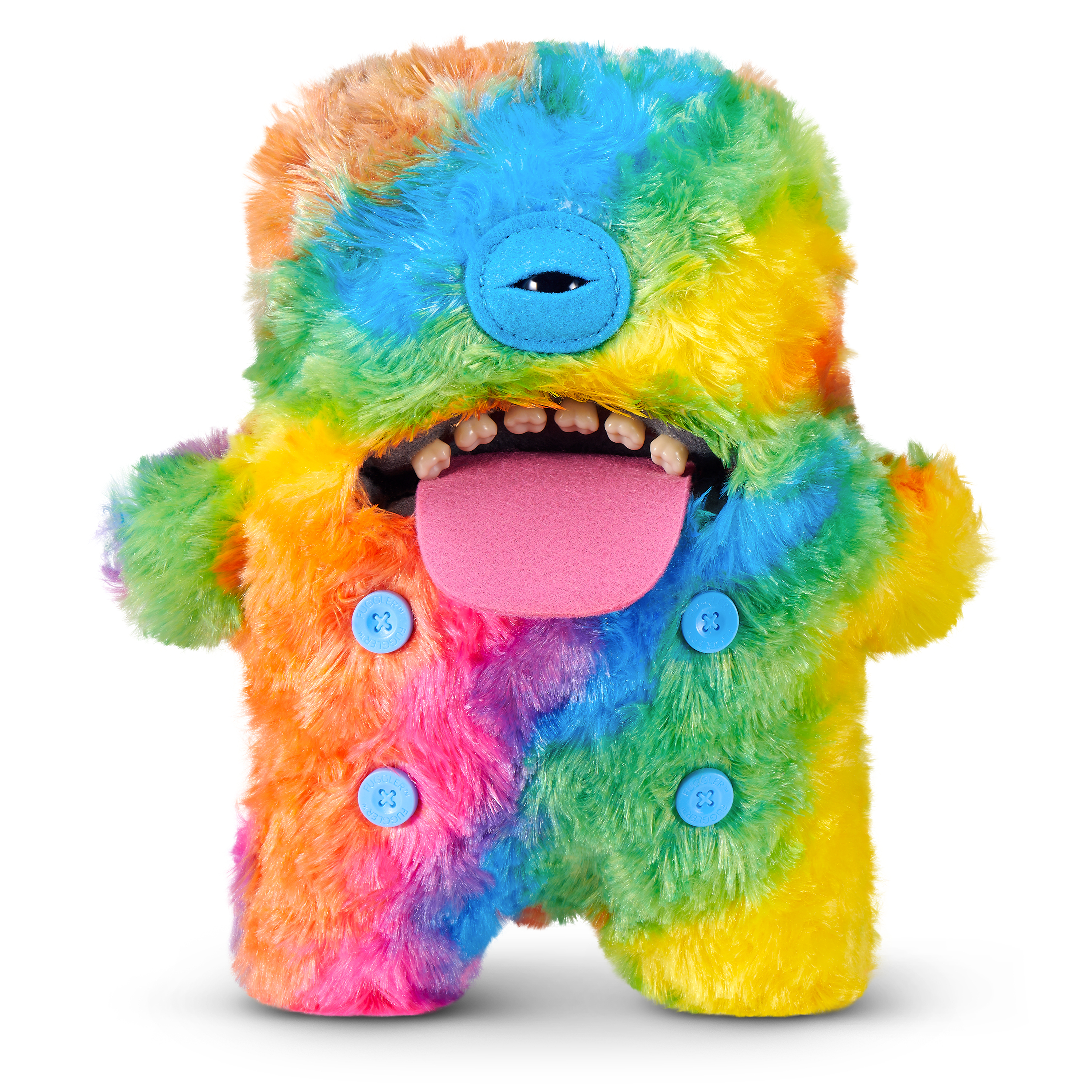 Un monstruo de peluche arcoíris con un ojo grande, dientes humanos y cuatro botones azules.