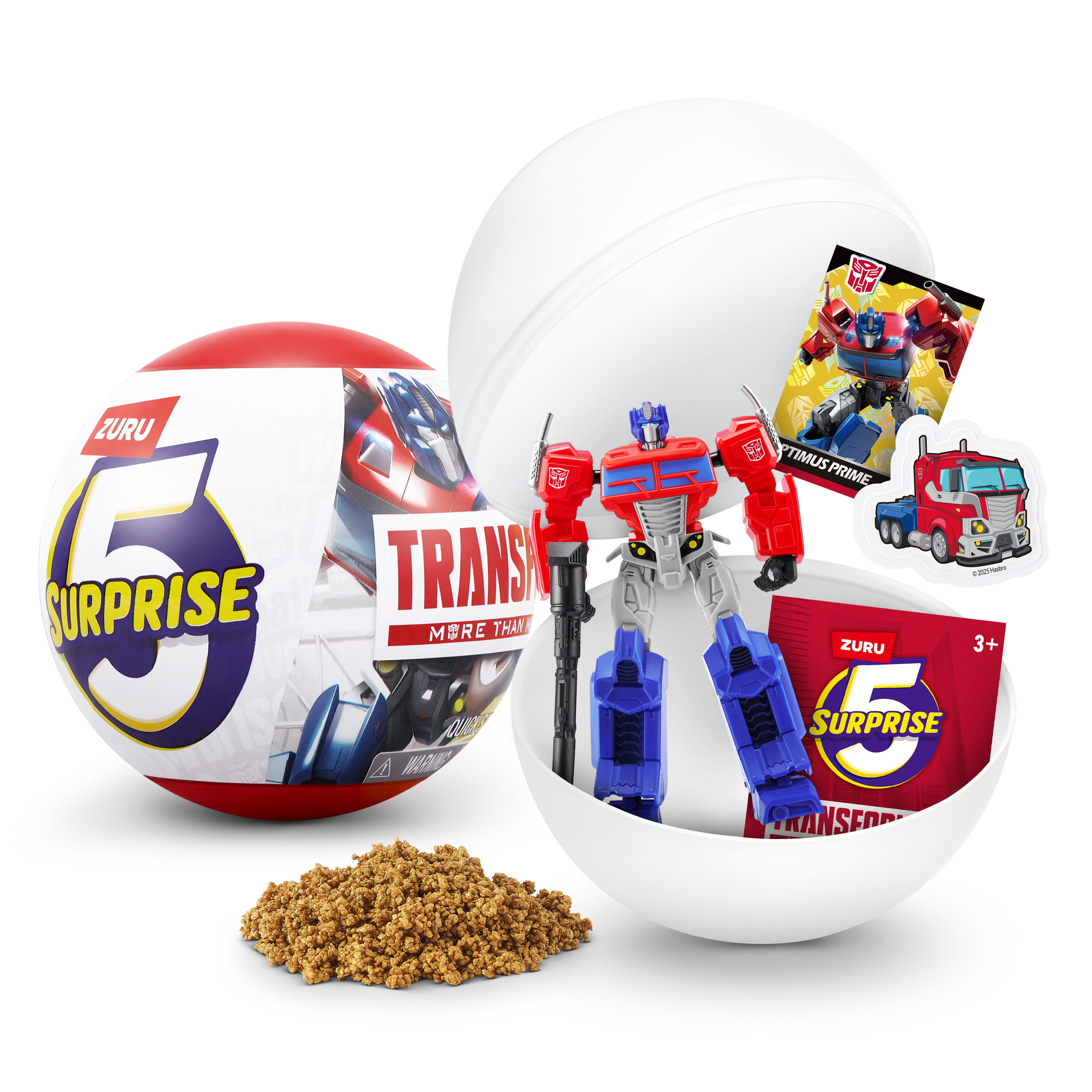 Una cápsula sorpresa abierta revela una figura de acción de Optimus Prime, calcomanías y accesorios.