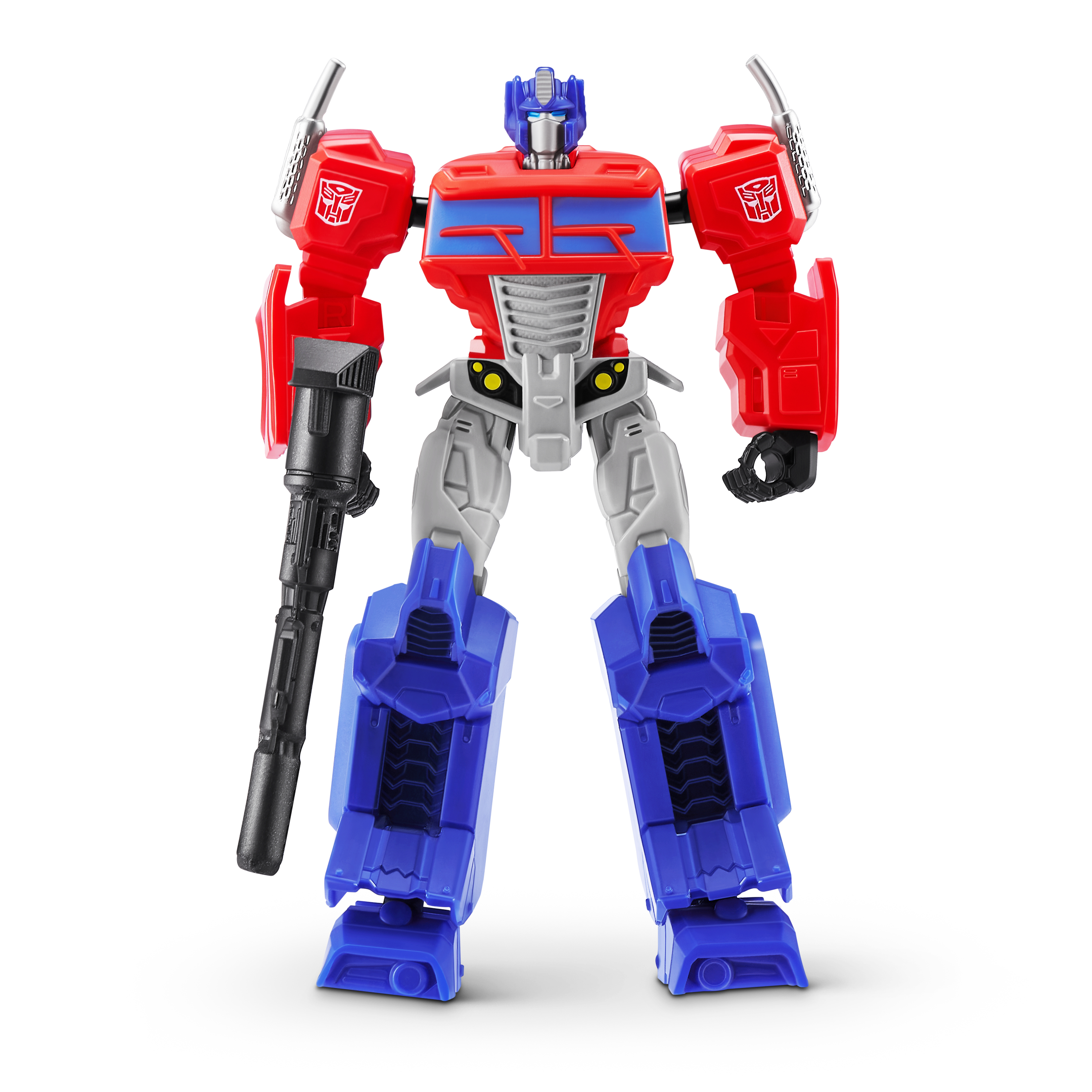 Figura de acción de Optimus Prime en rojo, azul y gris sosteniendo un arma negra sobre fondo blanco.