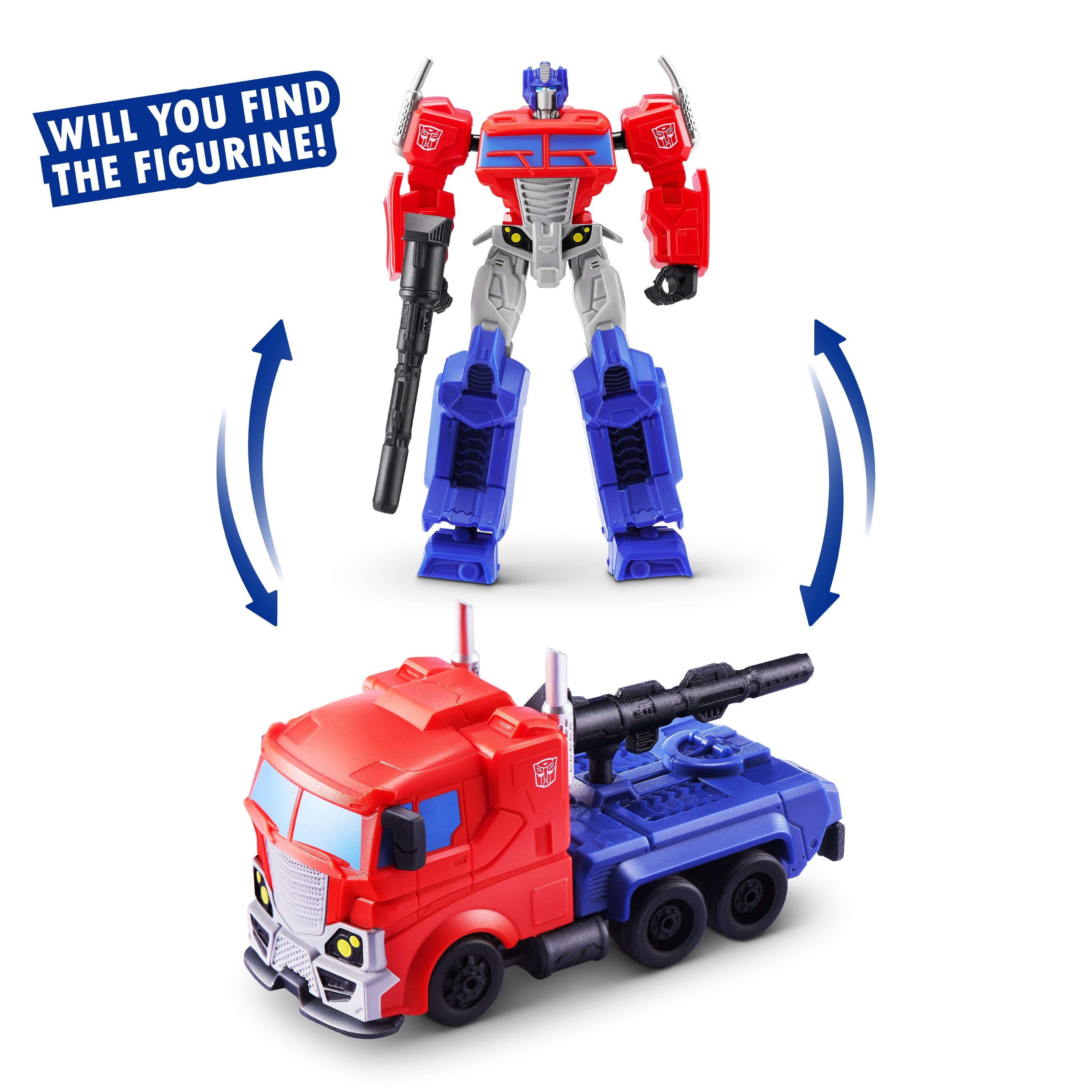 Un robot de Transformers rojo y azul se transforma en camión, con texto arriba a la izquierda.