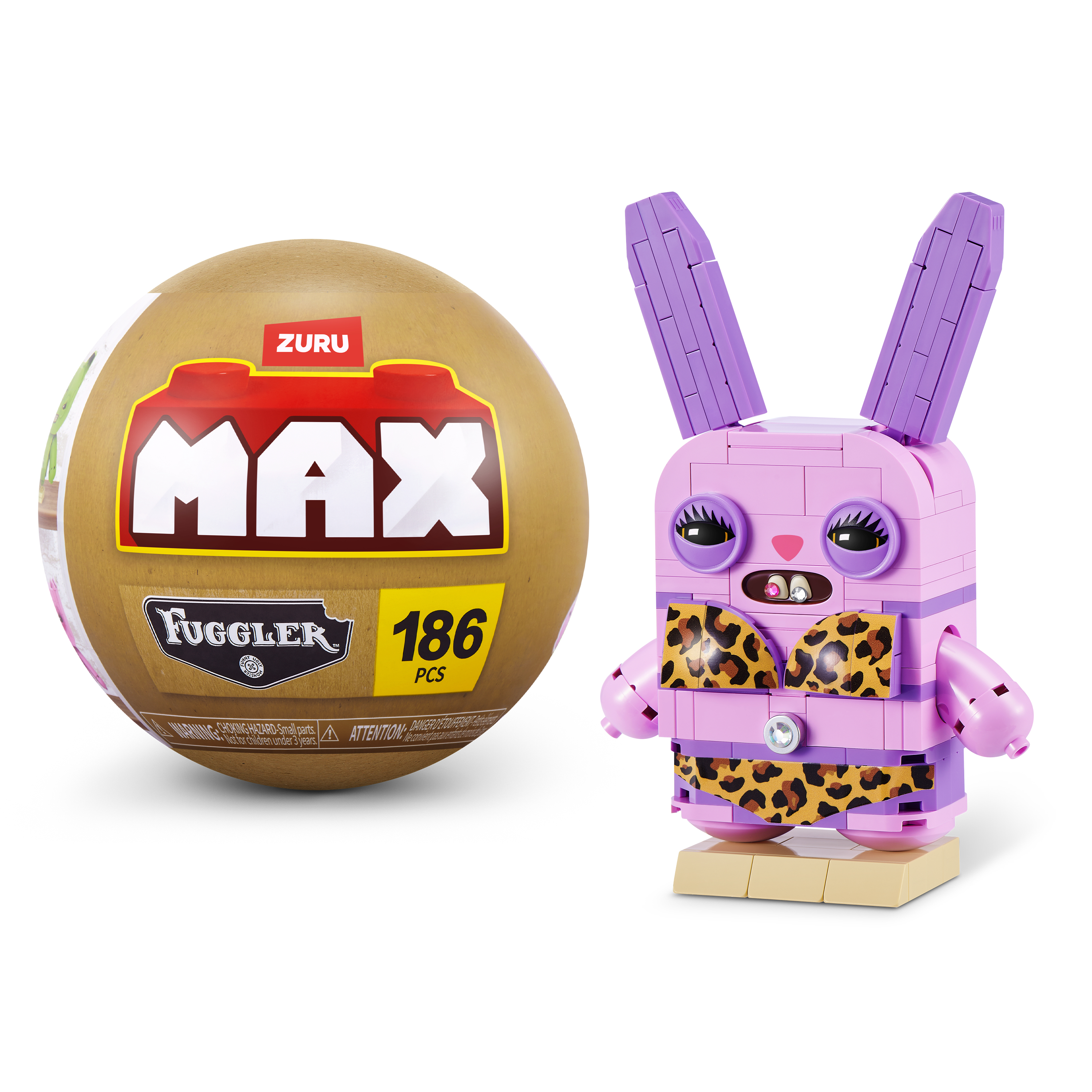 Una esfera de juguete Zuru Max Fuggler junto a un conejo de bloques rosa con bikini de leopardo.