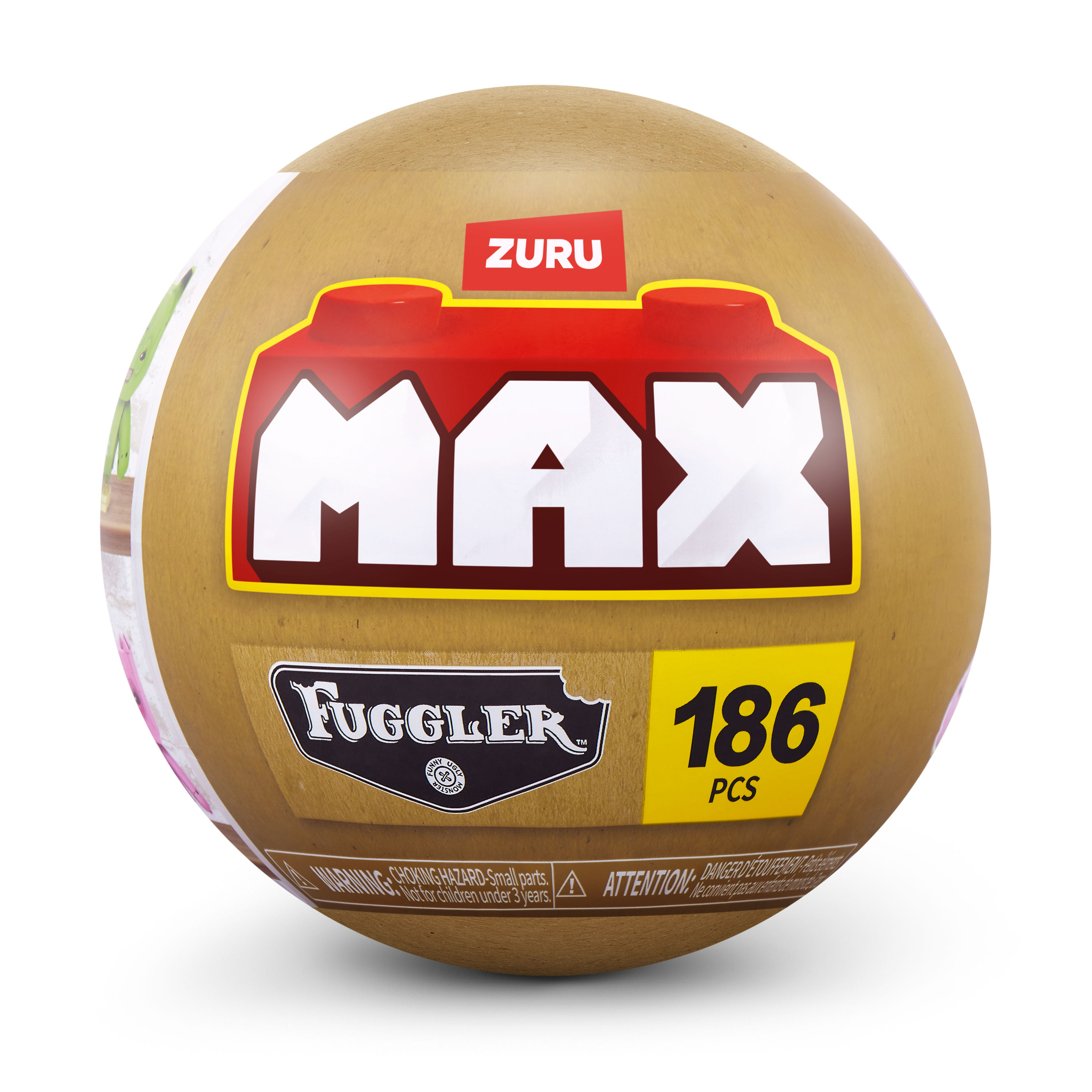 Una esfera de juguete Zuru Max Fuggler redonda con etiqueta de 186 piezas sobre fondo blanco.