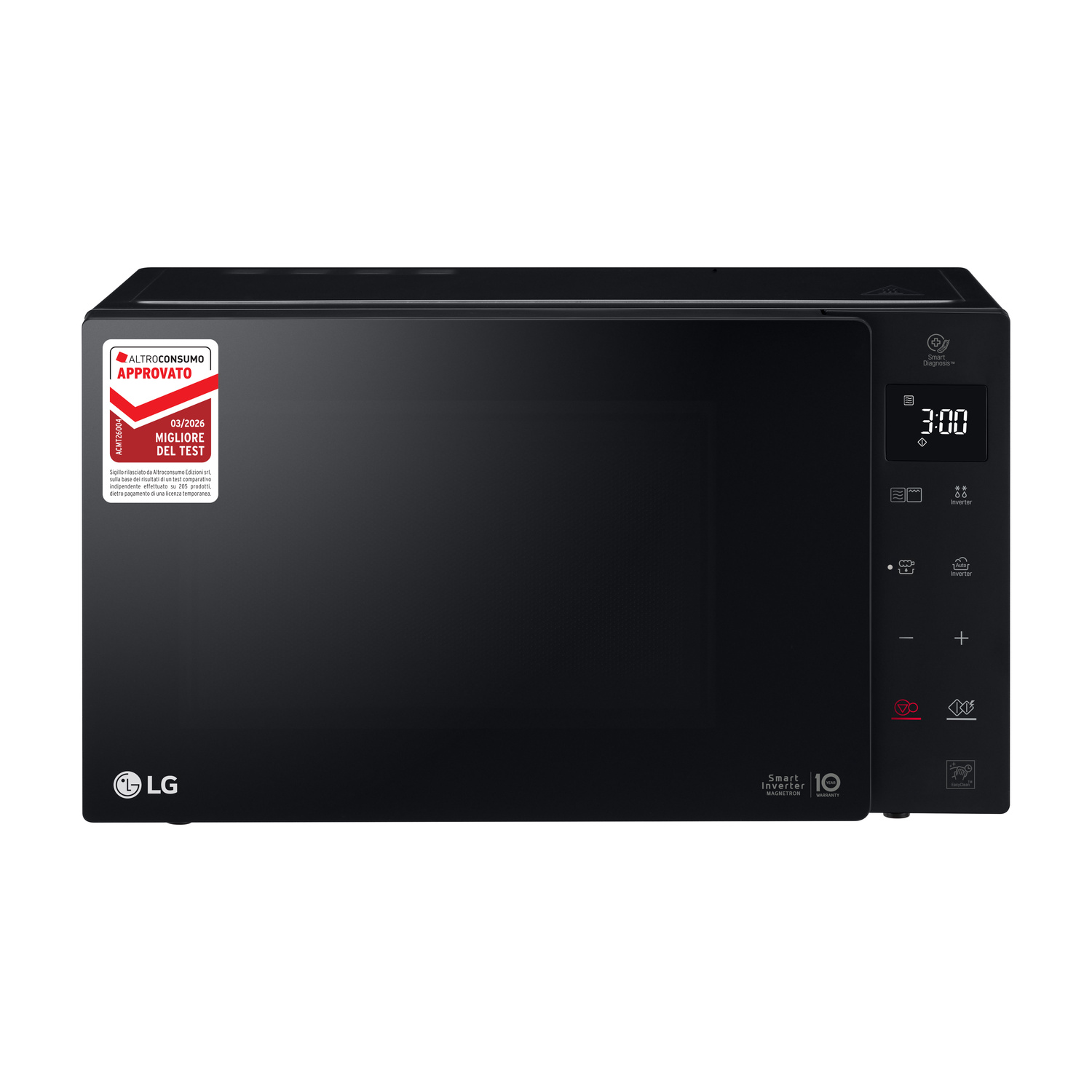 Microonde LG nero con display digitale e pannello tattile a destra, su sfondo bianco.