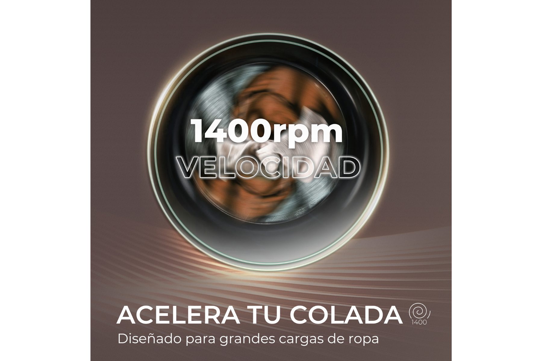 Puerta de lavadora con velocidad de centrifugado de 1400 rpm y texto.