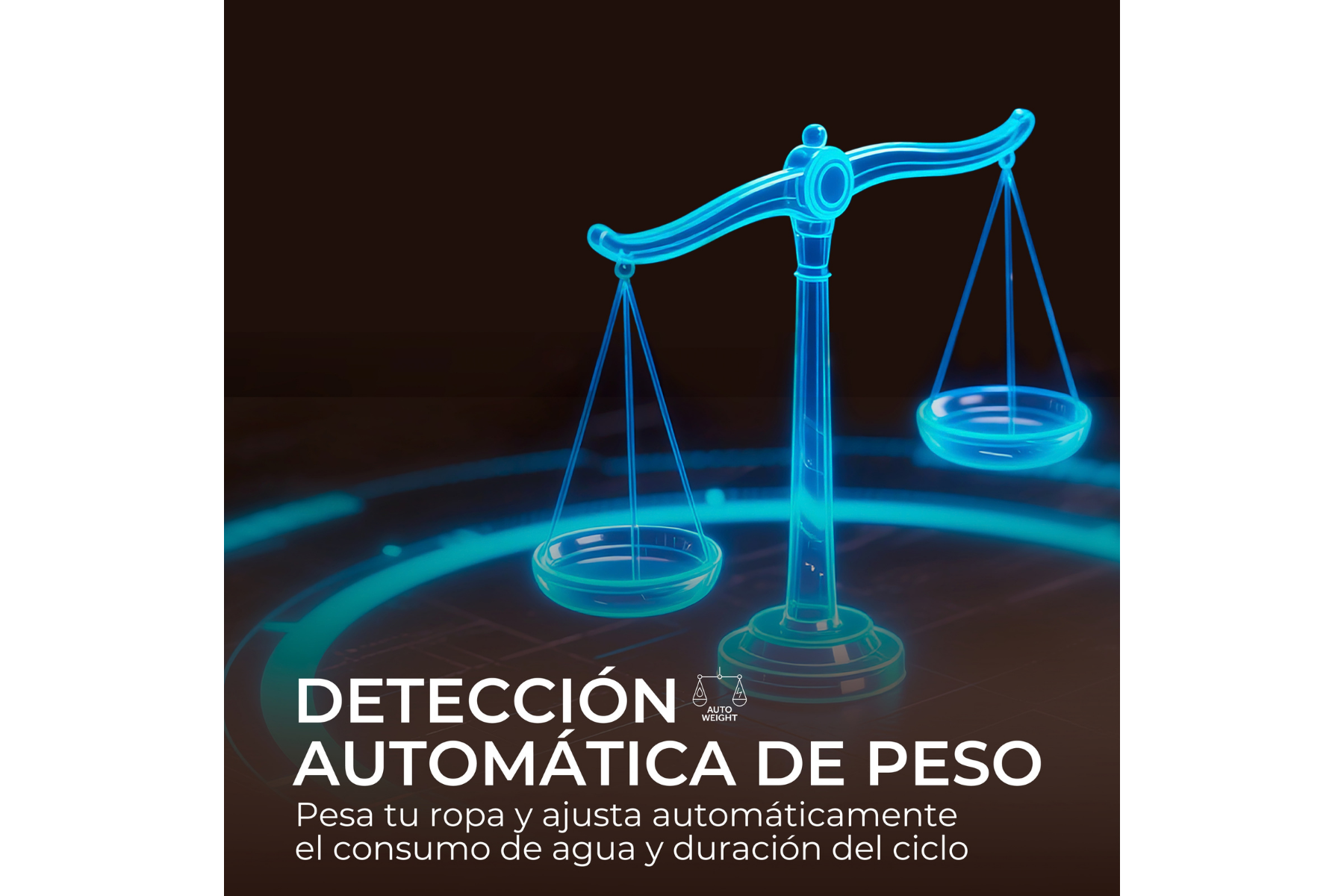 Icono de balanza azul brillante con texto sobre detección automática de peso para lavadoras.