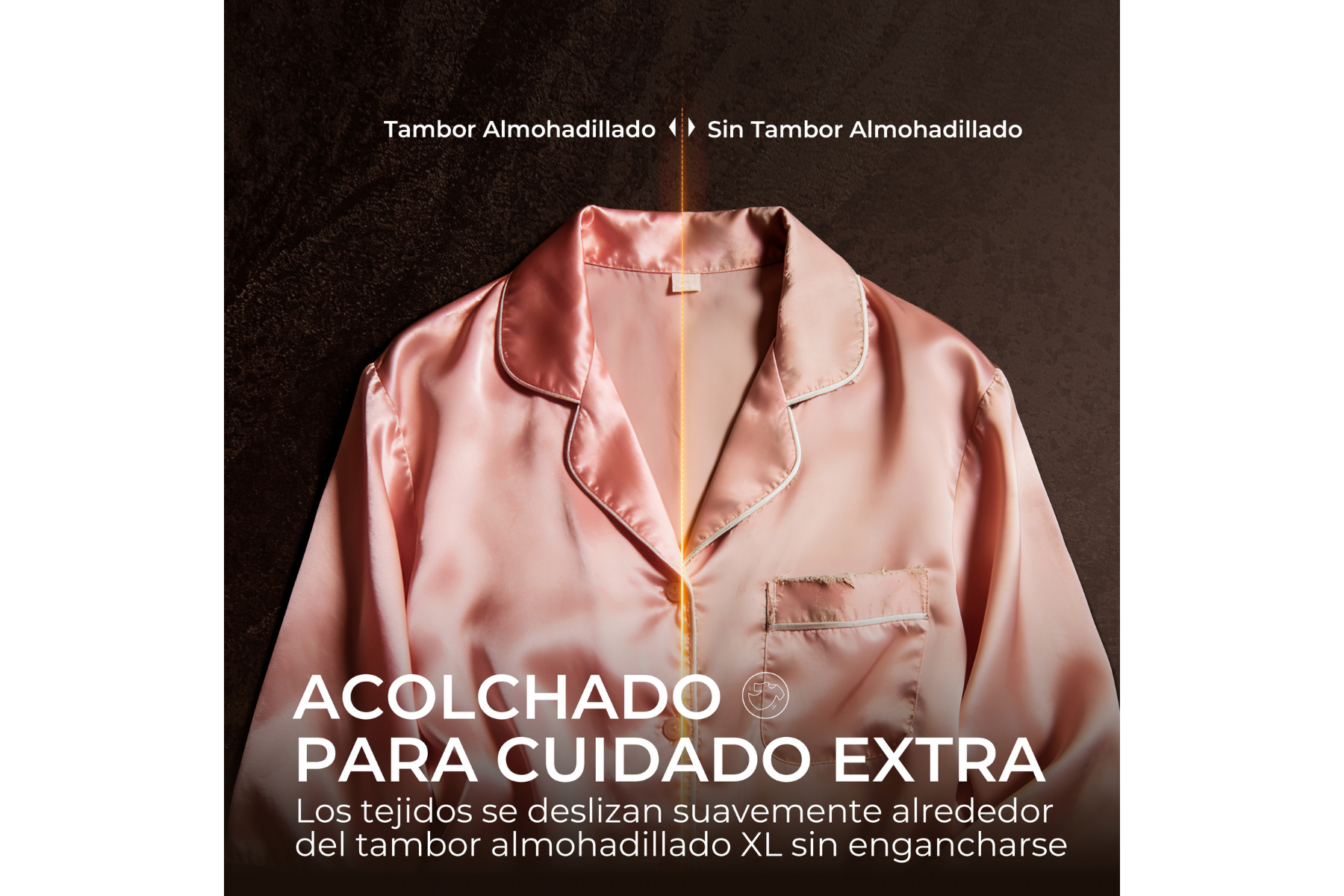 Comparación de pijama de seda rosa con y sin tambor acolchado, cuidado suave.