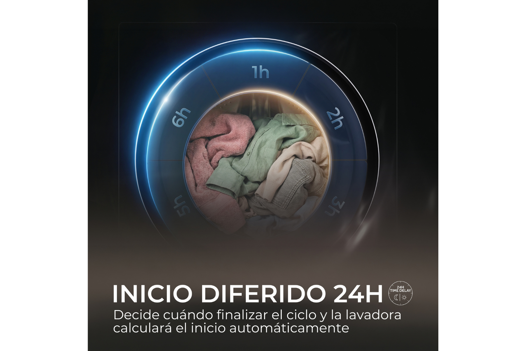Puerta de lavadora con ropa y una pantalla circular con opciones de tiempo de 1h a 6h.